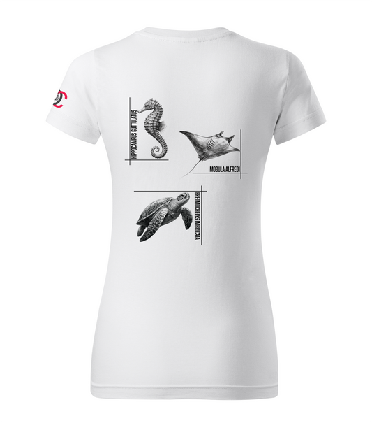 White T-shirt with seahorse manta turtle design
