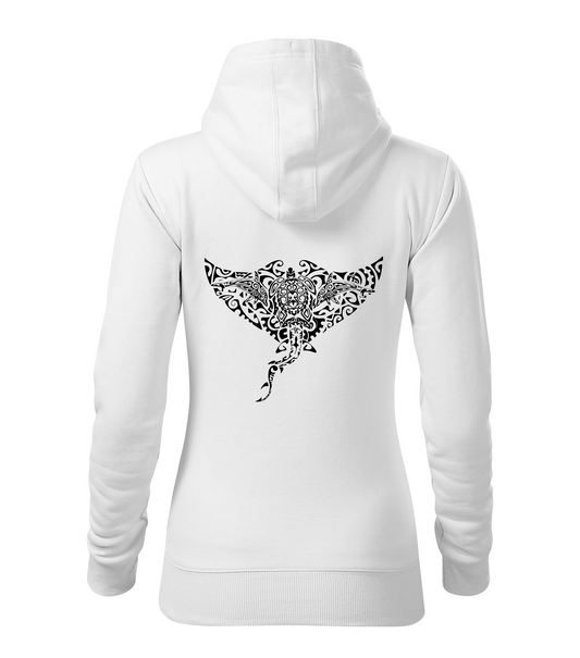 White hoodie with black manta dolphin turtle shark design on the back against a white background