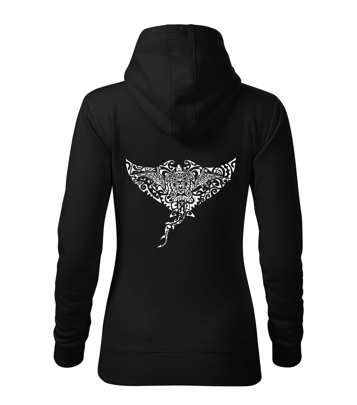 Black hoodie with a white manta dolphin turtle shark design on the back against a white background