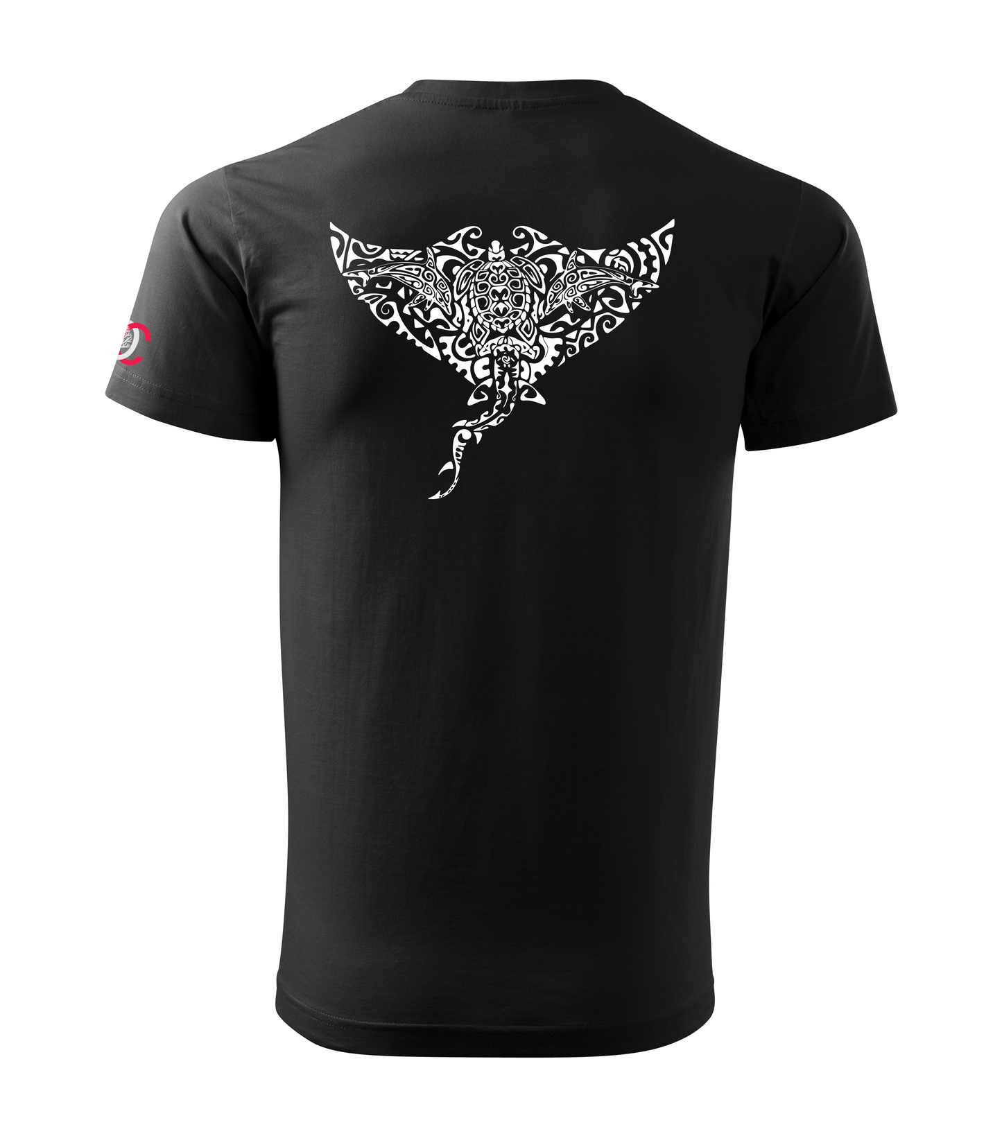 Black T-shirt with dolphin shark turtle manta design