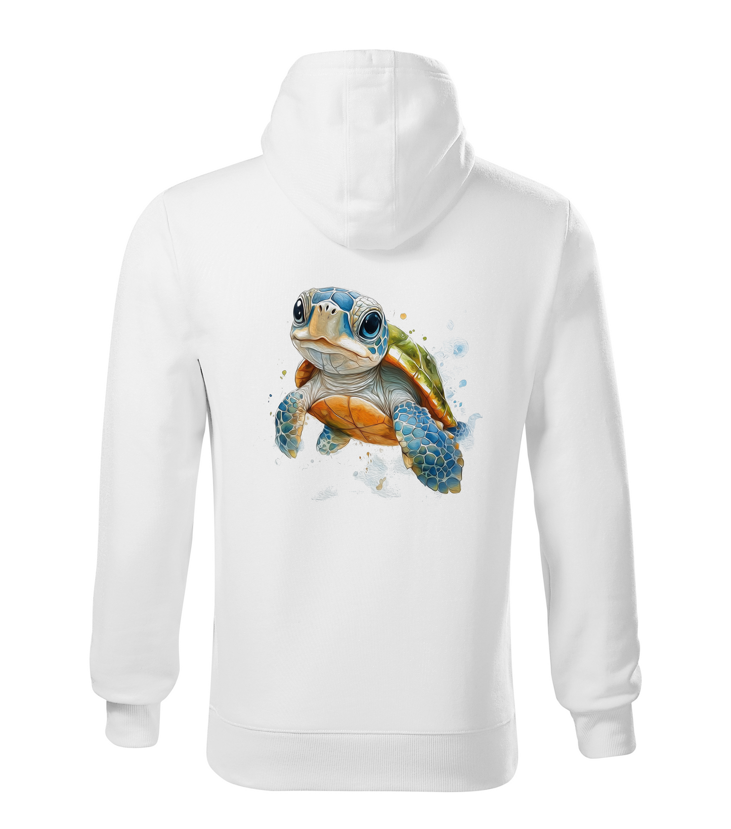White hoodie with a turtle design on the back