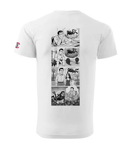 White T-shirt with scuba diver comic book design