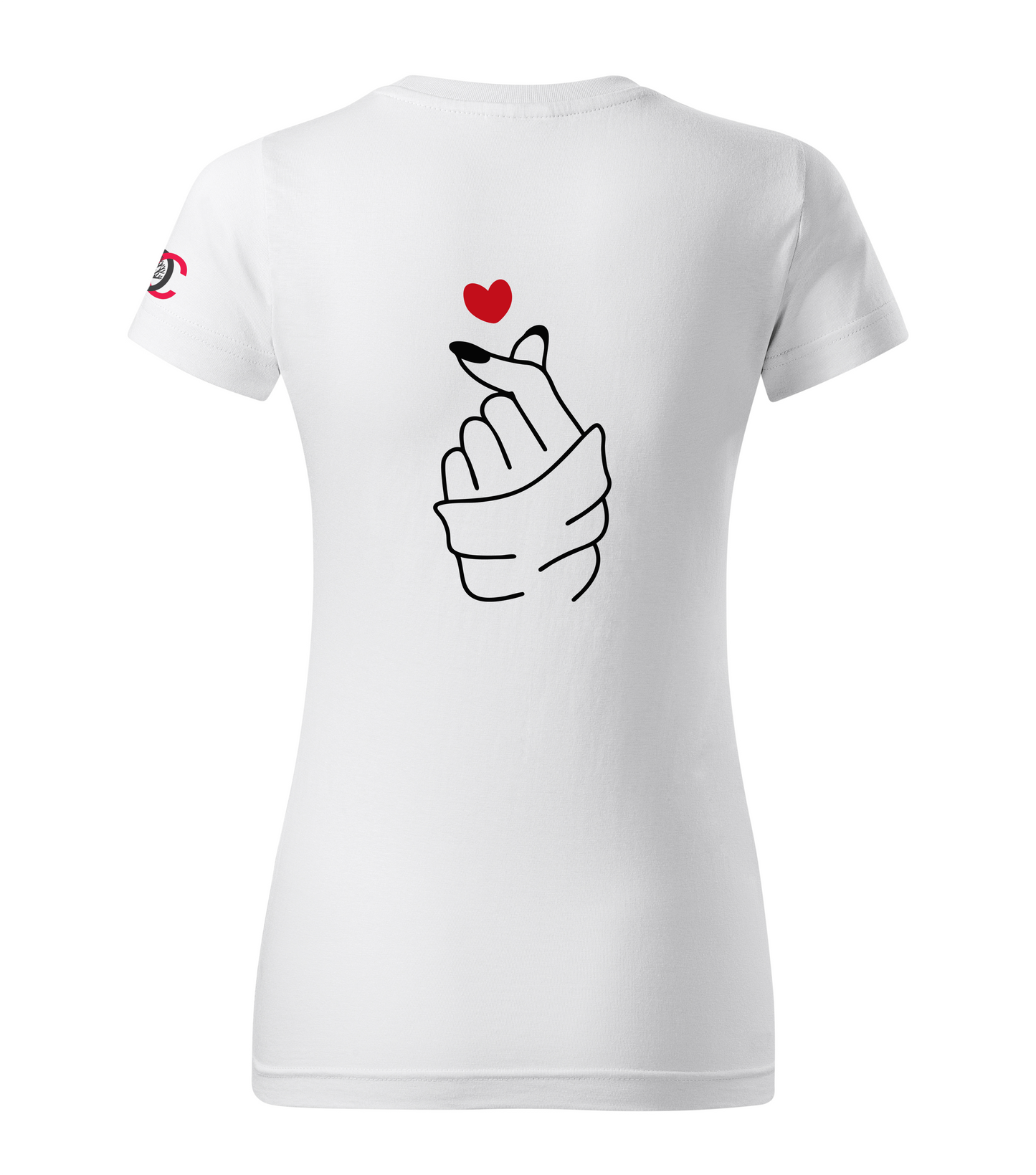White T-shirt with heart hand sign on the back