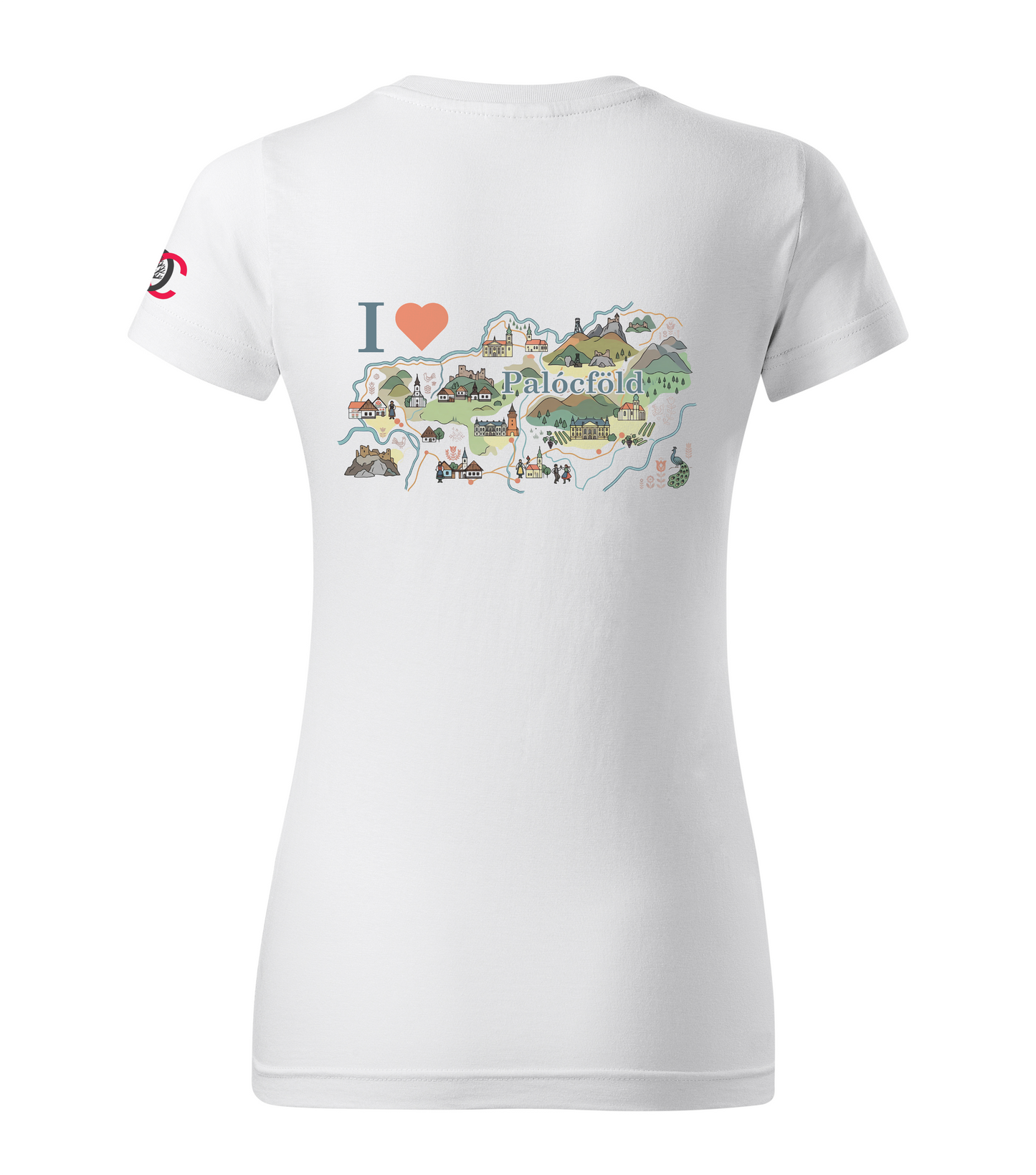 White women's t-shirt with a colorful graphic design picturing I love Palócföld