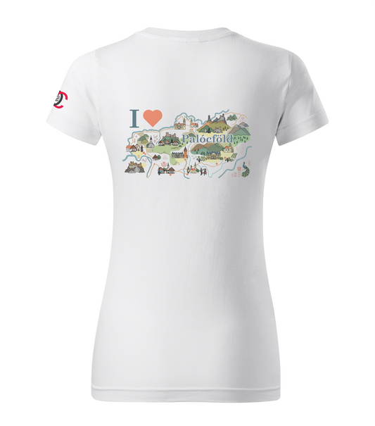 White women's t-shirt with a colorful graphic design picturing I love Palócföld