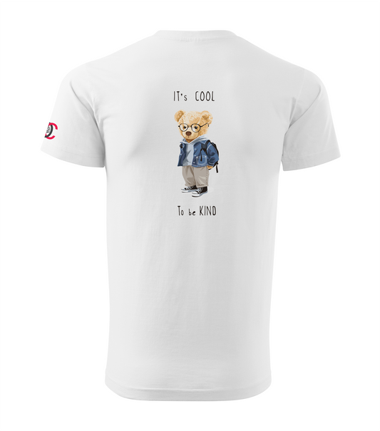 White T-shirt with Teddy Bear - It's cool to be kind design