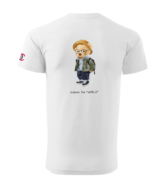 White T-shirt with Teddy Bear - Explore the World design