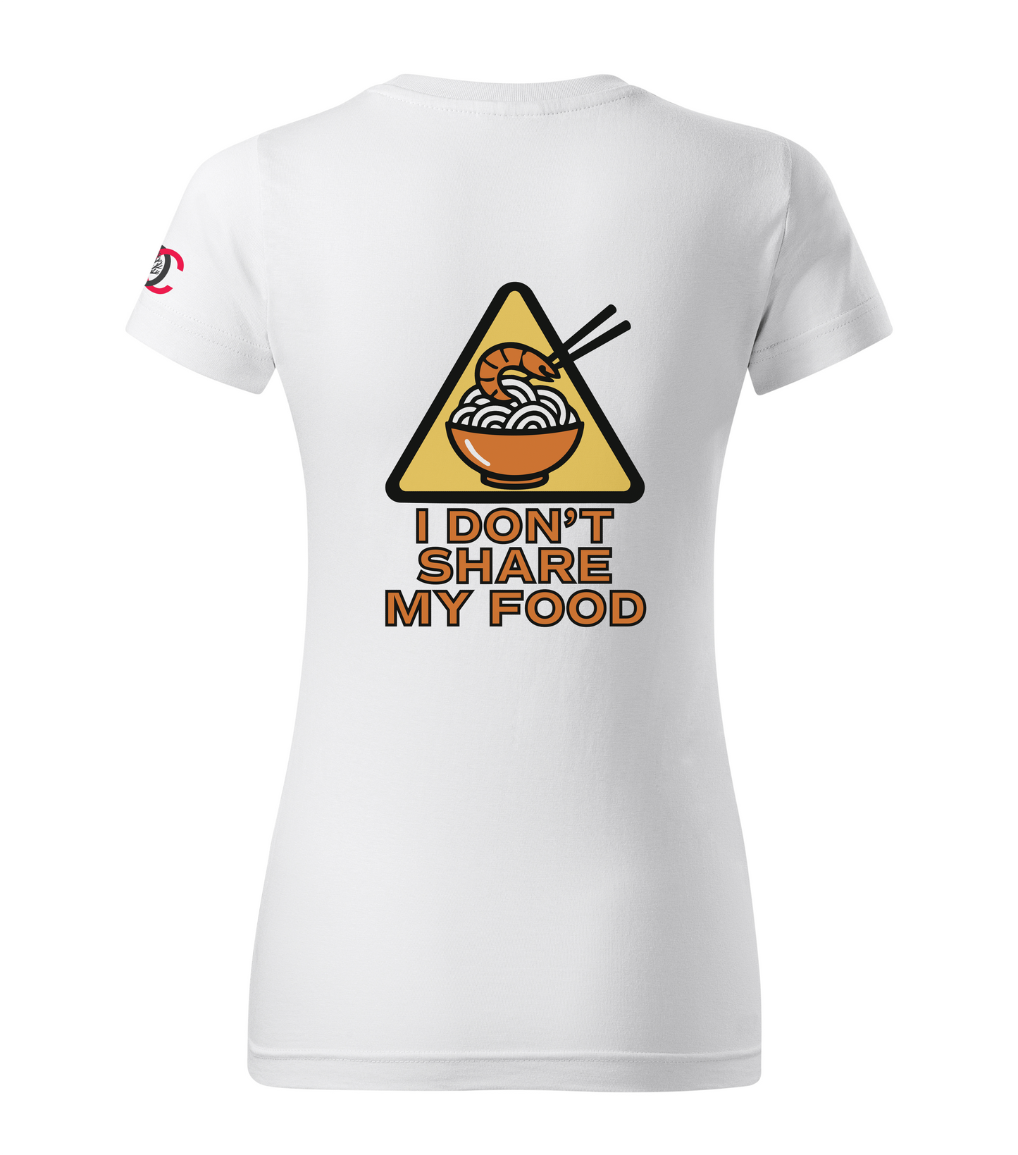 White t-shirt with a graphic design featuring a bowl of noodles and chopsticks on a yellow triangle, with text 'I Don't Share My Food'.