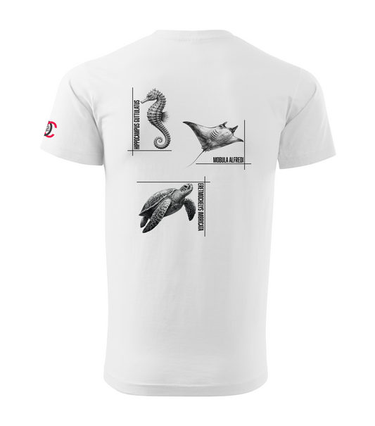 White T-shirt with seahorse manta turtle design