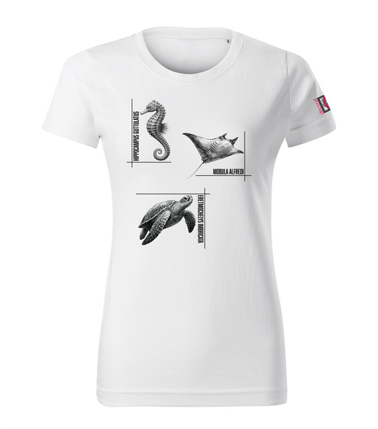 White T-shirt with seahorse manta turtle design