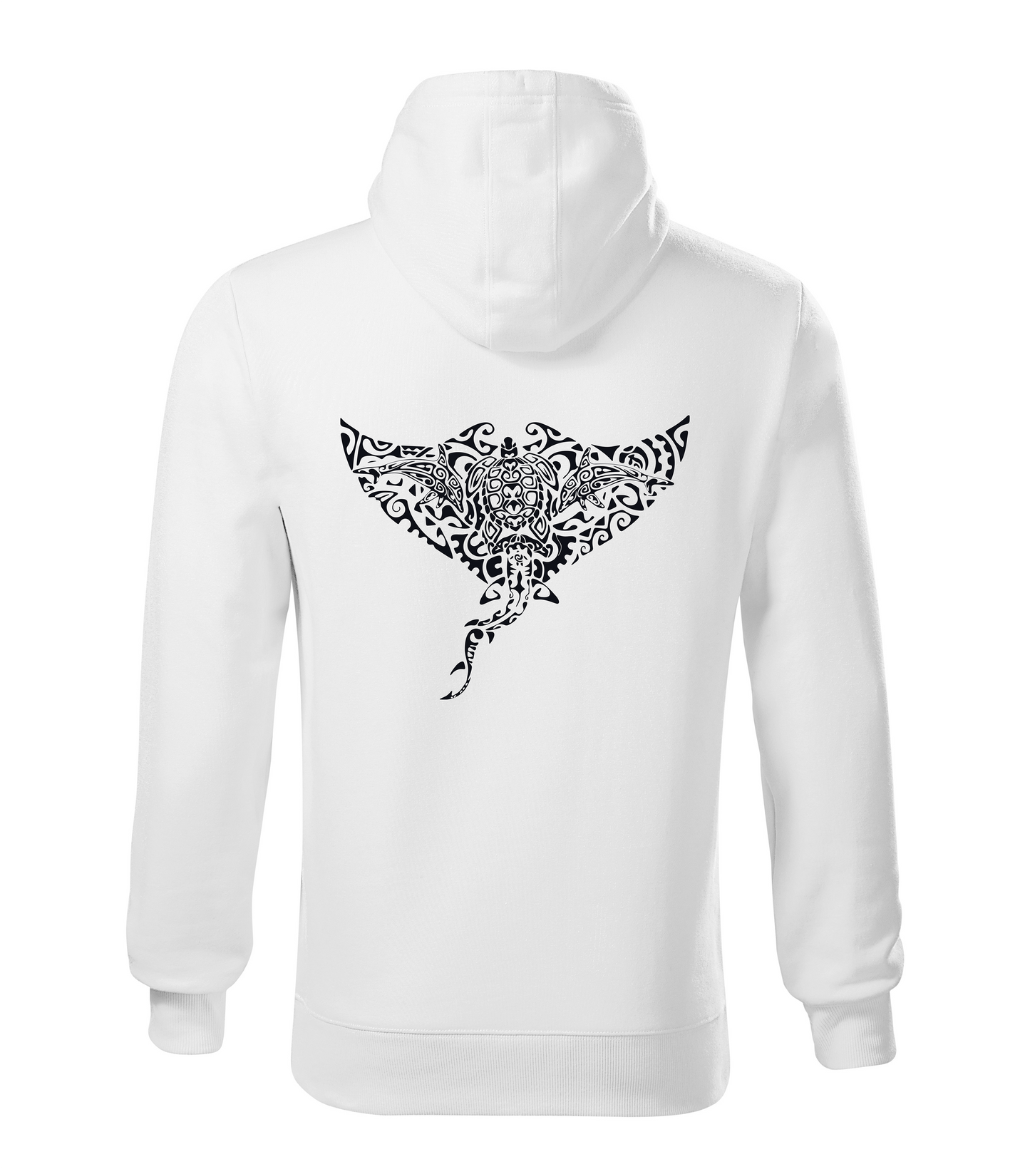 White hoodie with manta dolphin turtle shark design on the back