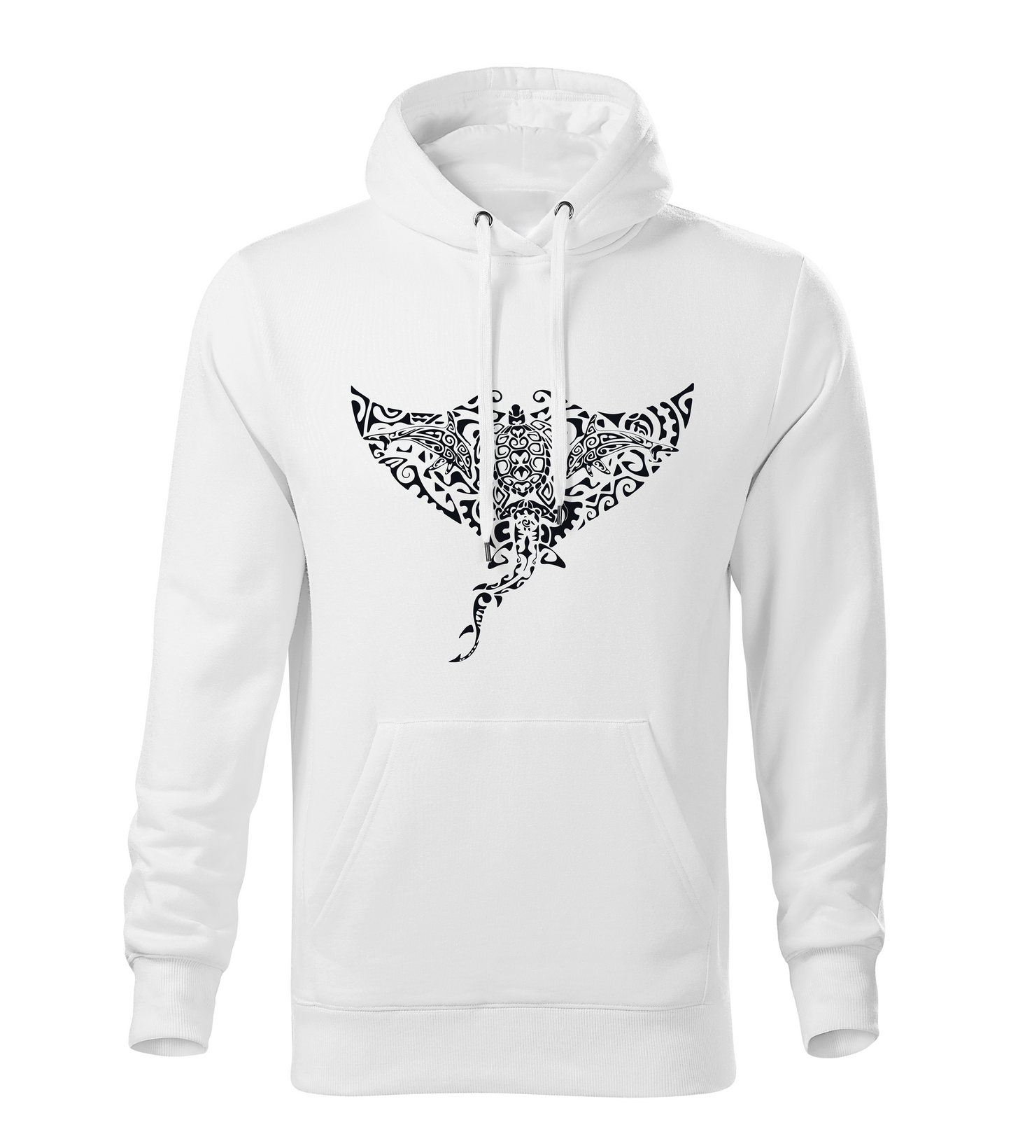 White hoodie with manta dolphin turtle shark design