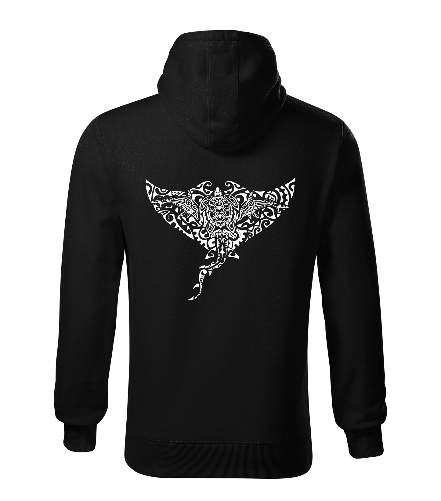 Black hoodie with manta dolphin turtle shark design on the back