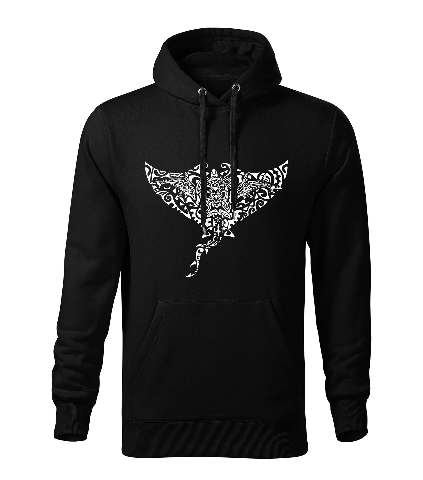 Black hoodie with manta dolphin turtle shark design