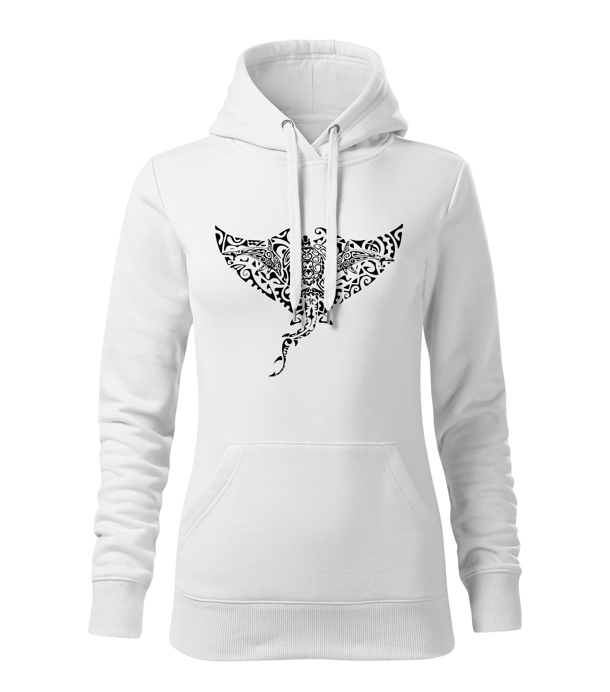 White hoodie with black manta dolphin turtle shark design against a white background