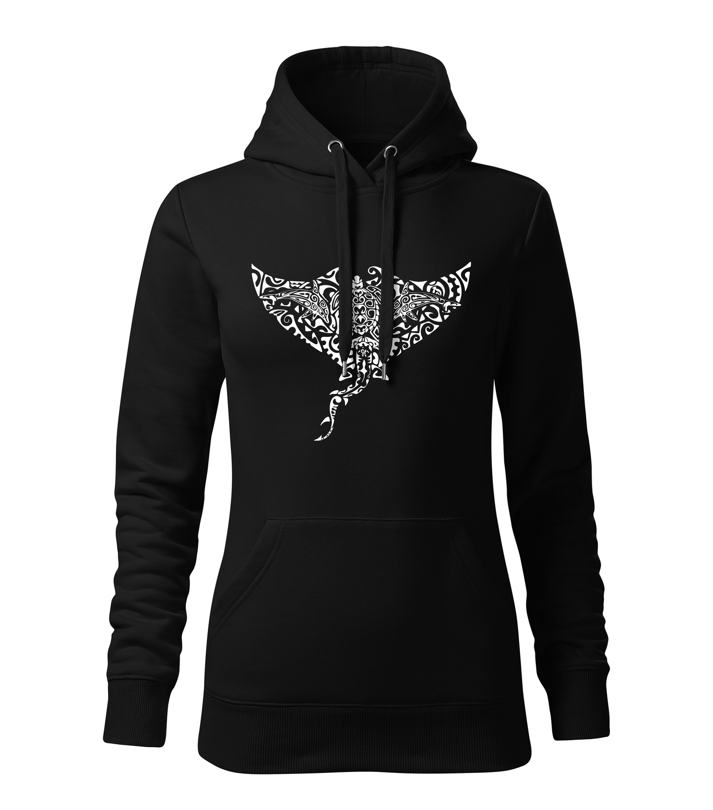 Black hoodie with manta dolphin turtle shark design against a white background on a white background