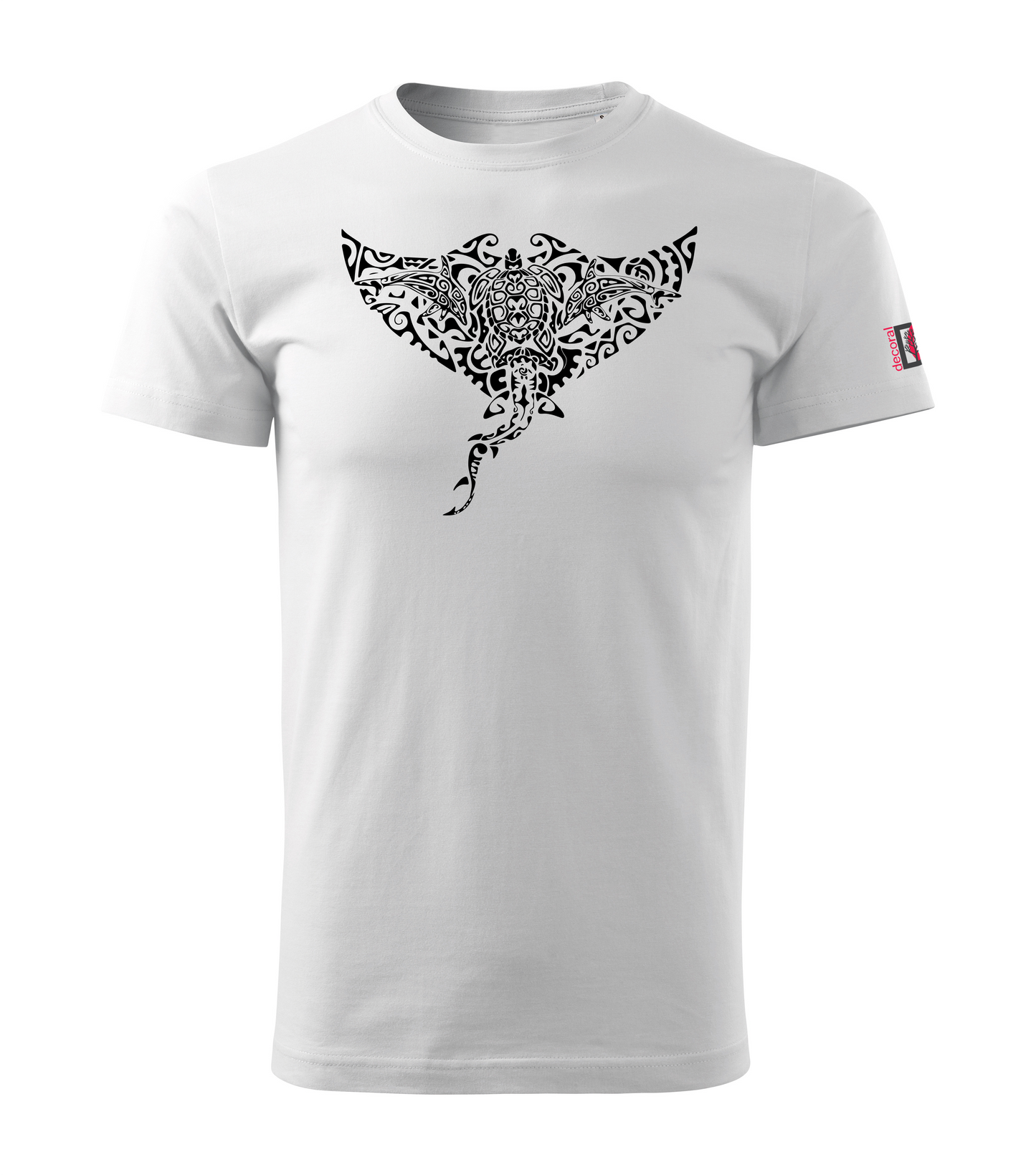White T-shirt with dolphin shark turtle manta design