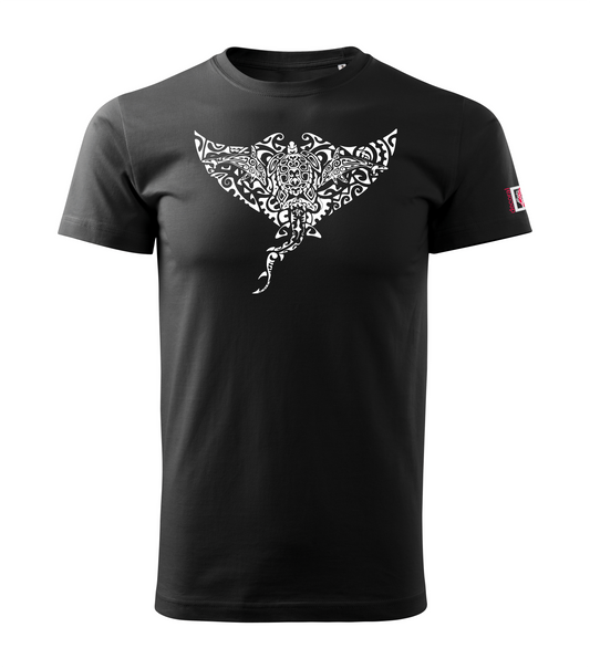 Black T-shirt with dolphin shark turtle manta design