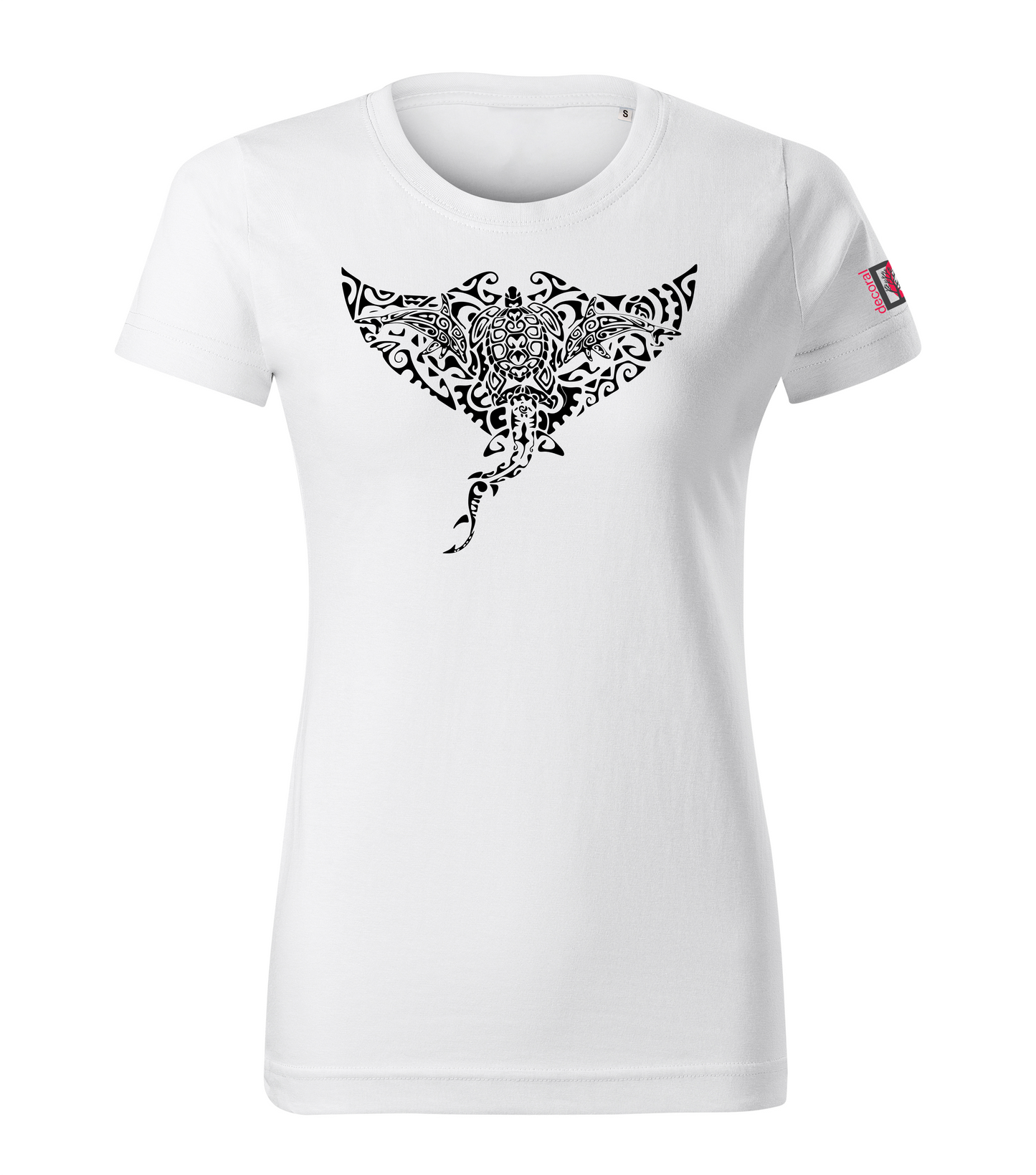 White T-shirt with dolphin shark turtle manta design