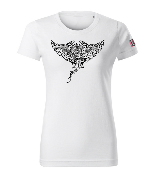 White T-shirt with dolphin shark turtle manta design