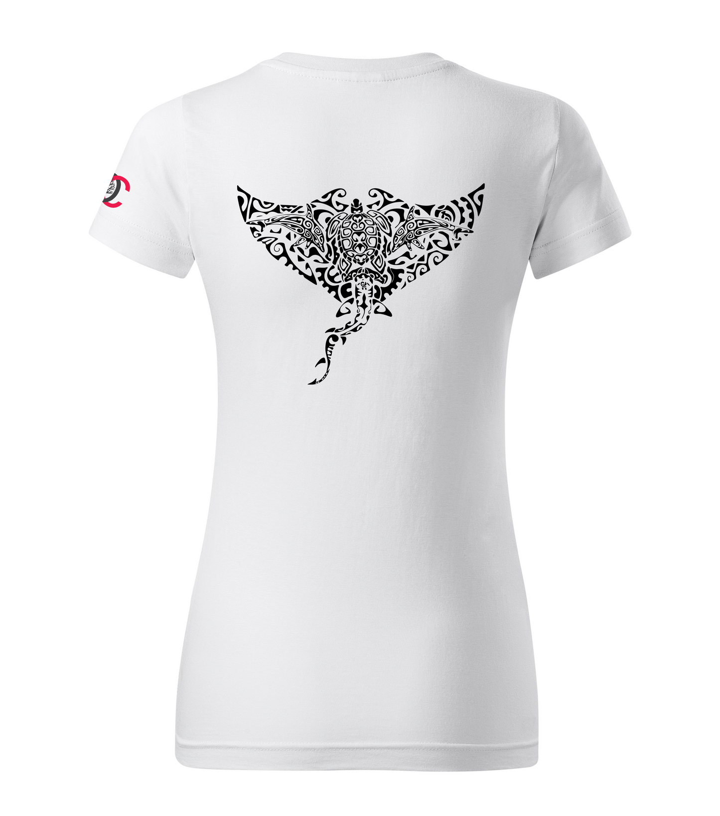 White T-shirt with dolphin shark turtle manta design