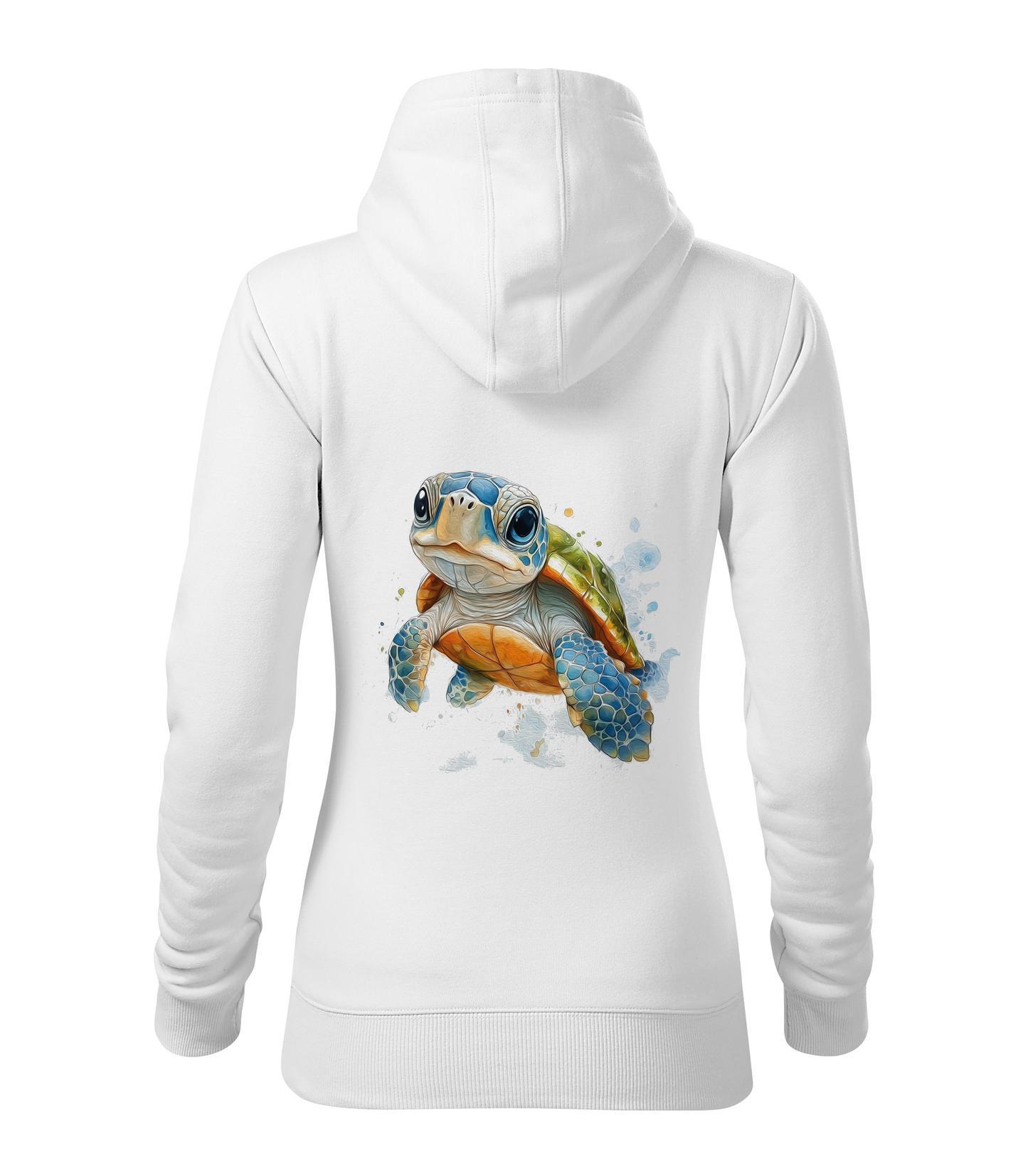 White hoodie with a turtle design on the back against a white background