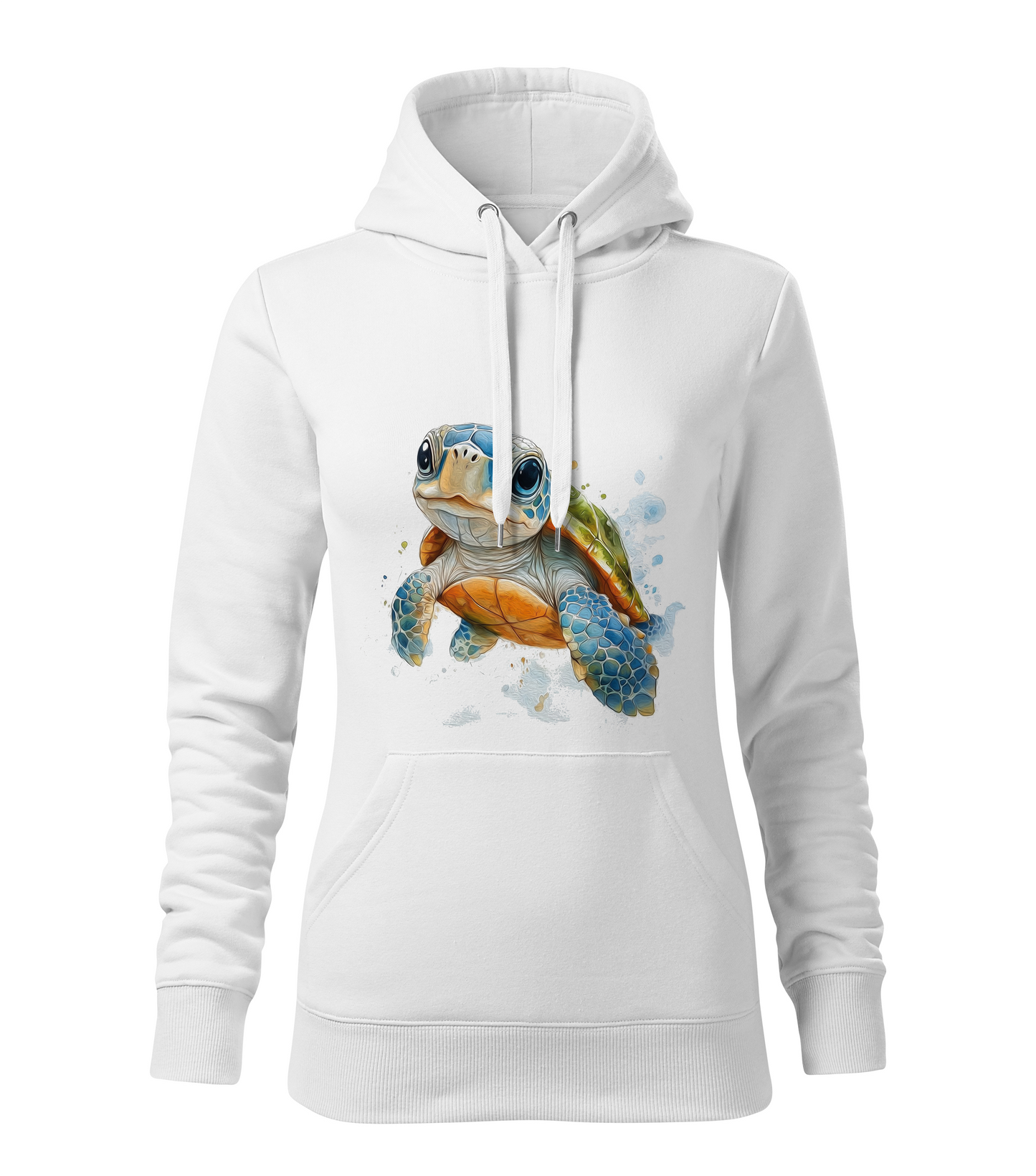 White hoodie with a turtle graphic on a white background