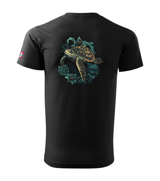 Black T-shirt with floral turtle design