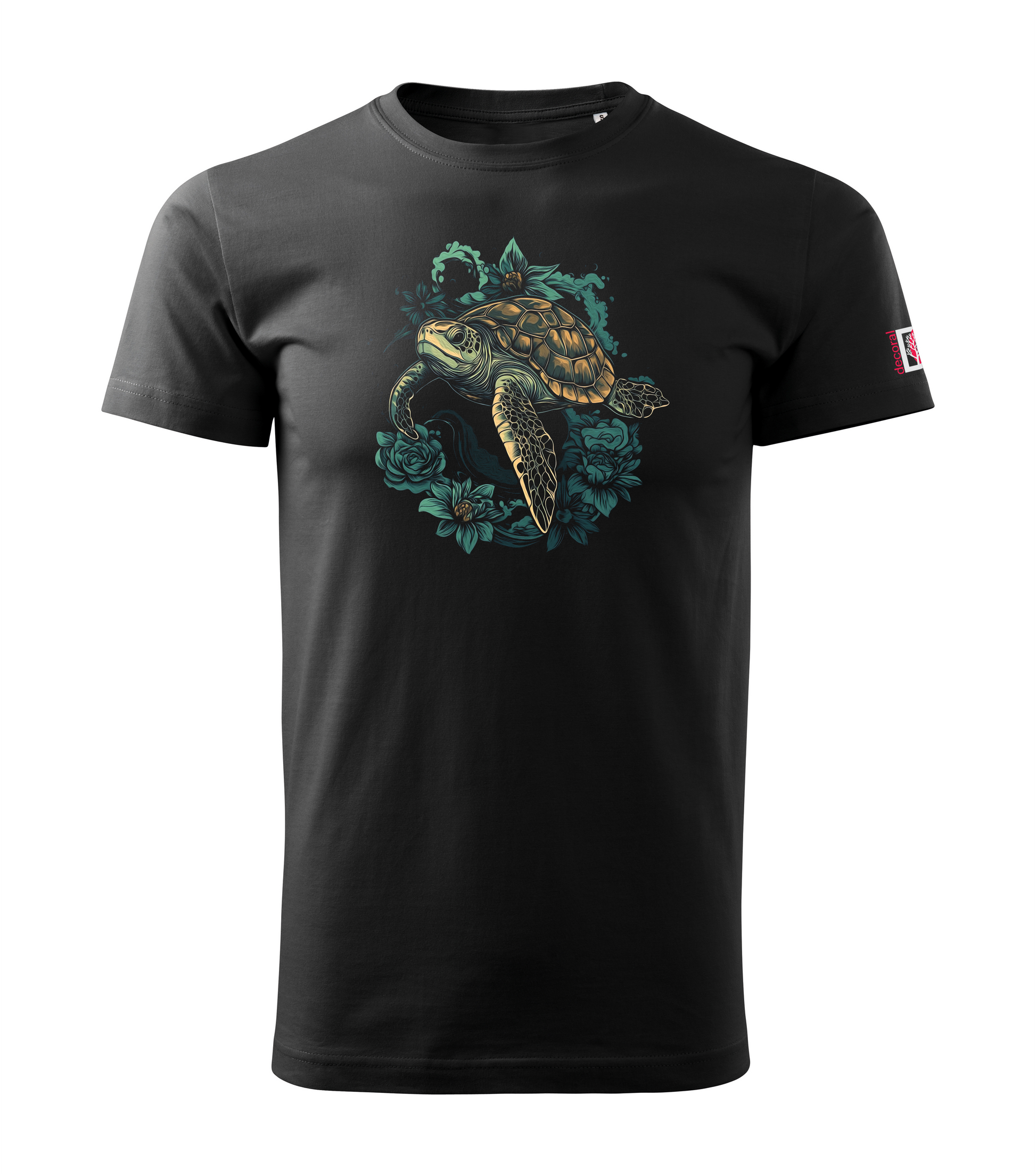 Black T-shirt with floral turtle design