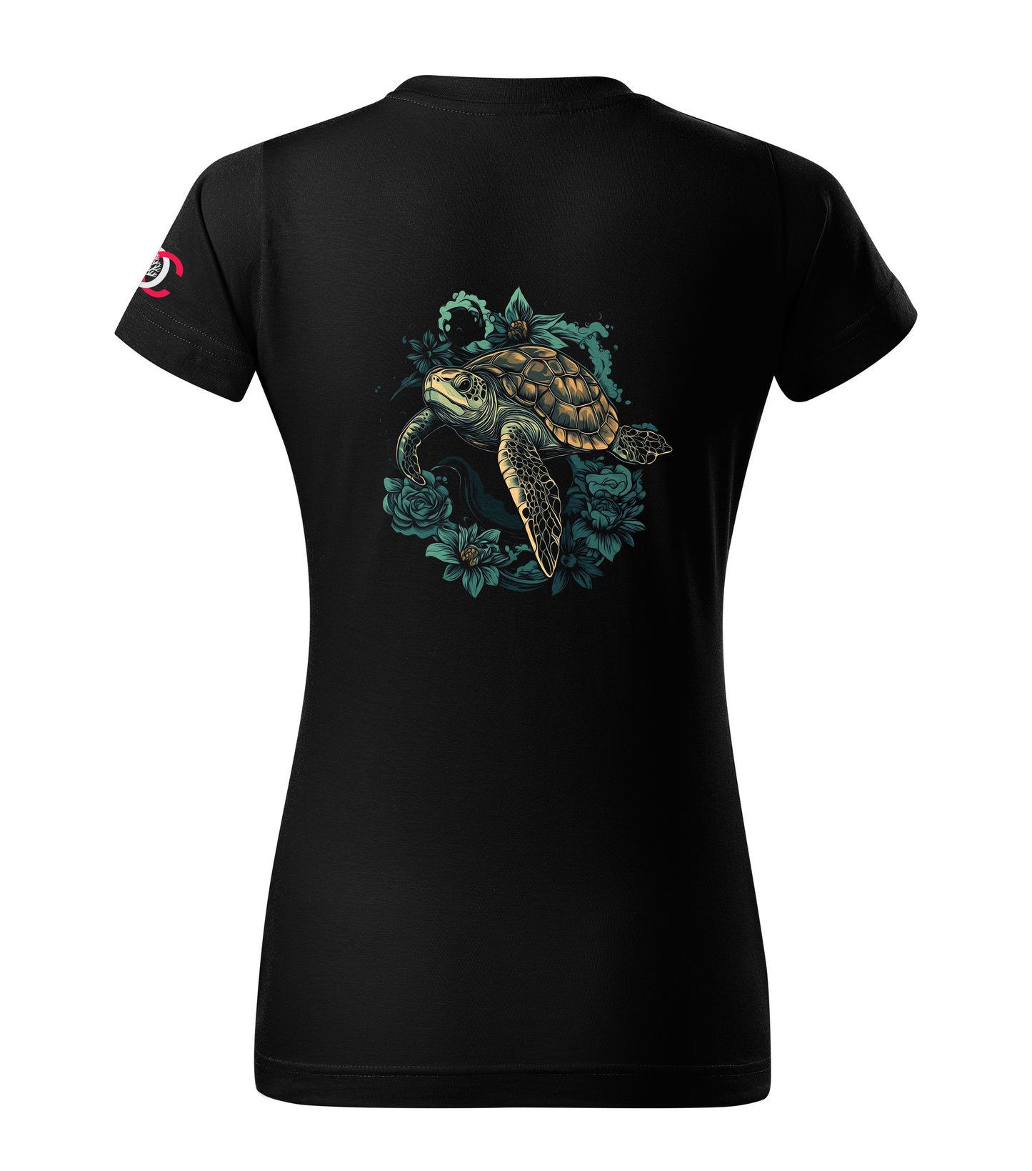 Black T-shirt with floral turtle design
