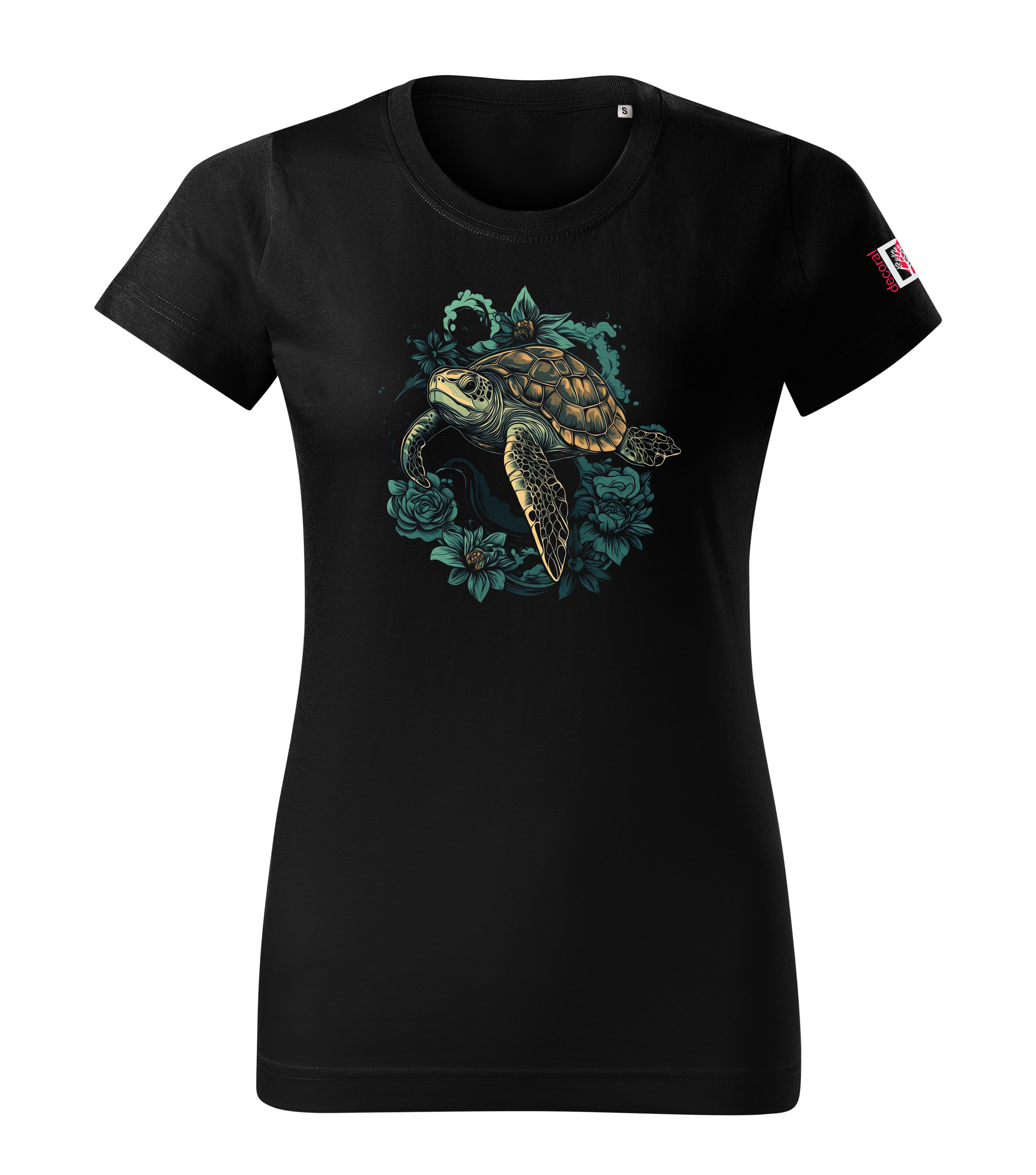 Black T-shirt with floral turtle design