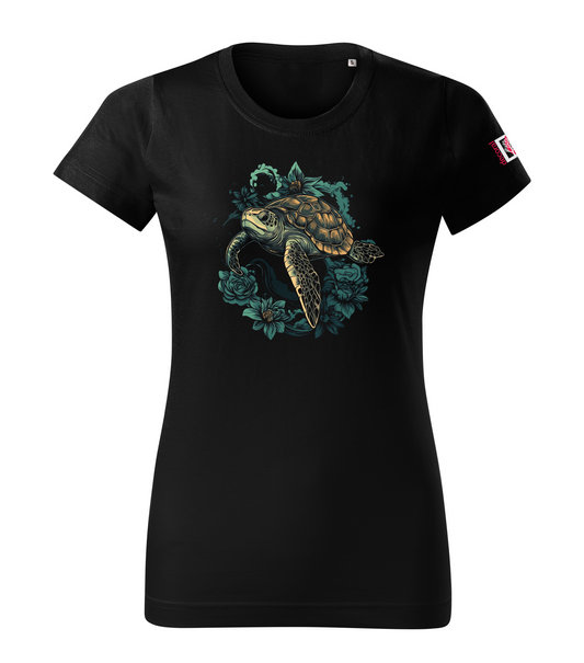 Black T-shirt with floral turtle design