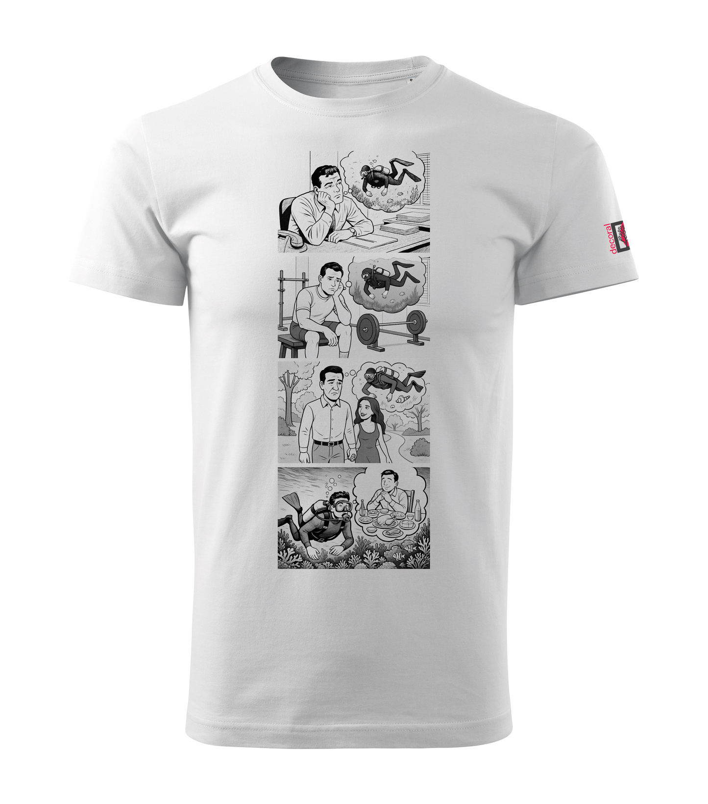 White T-shirt with scuba diver comic book design