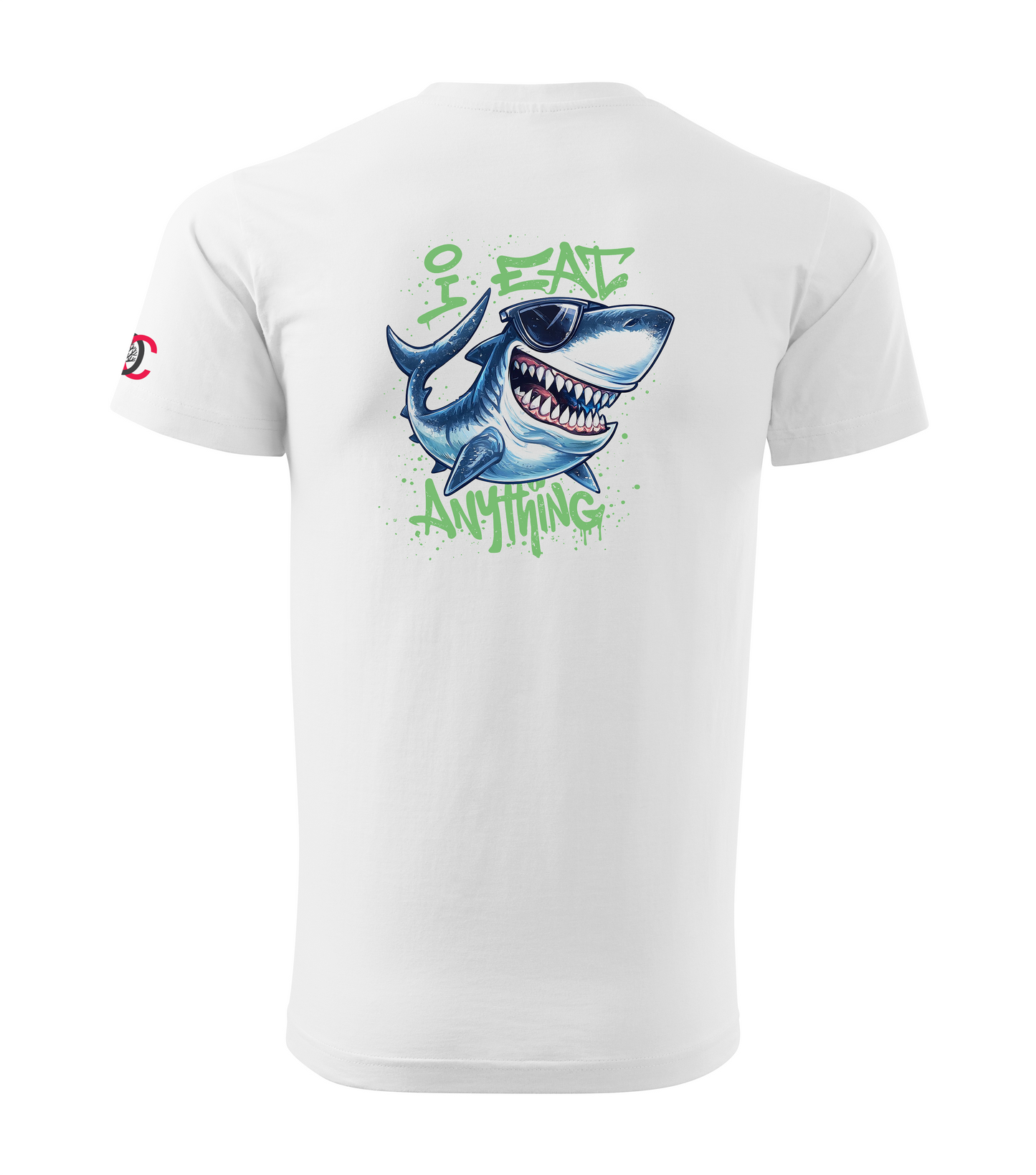 White T-shirt with cartoon shark design reading I eat anything