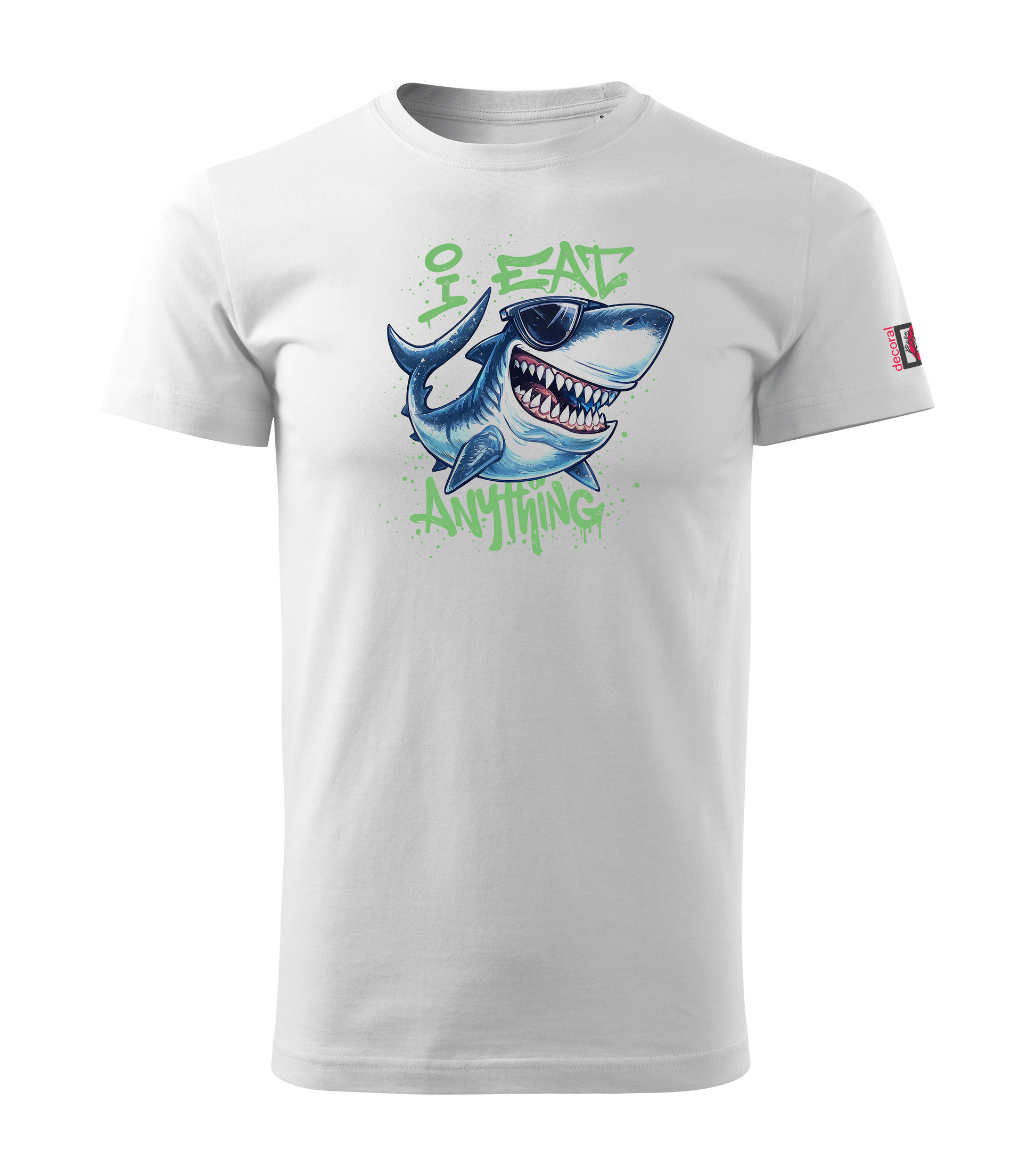 White T-shirt with cartoon shark design reading I eat anything