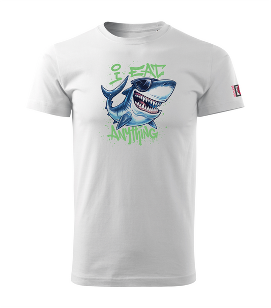 White T-shirt with cartoon shark design reading I eat anything
