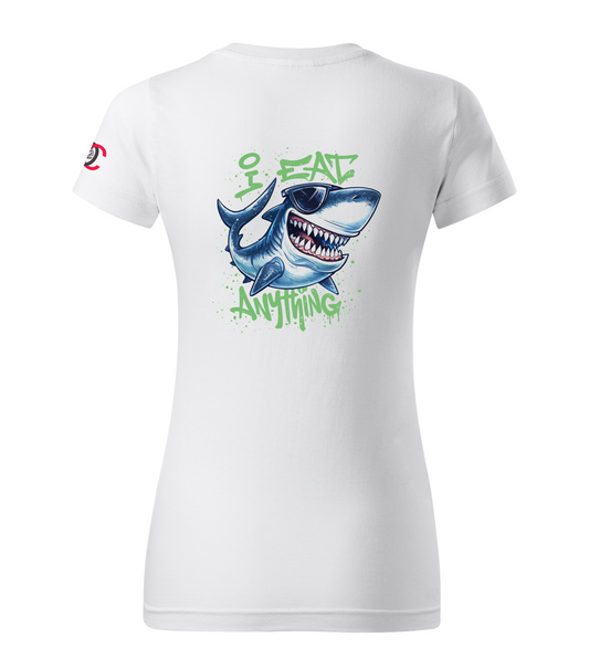 White T-shirt with cartoon shark design reading I eat anything