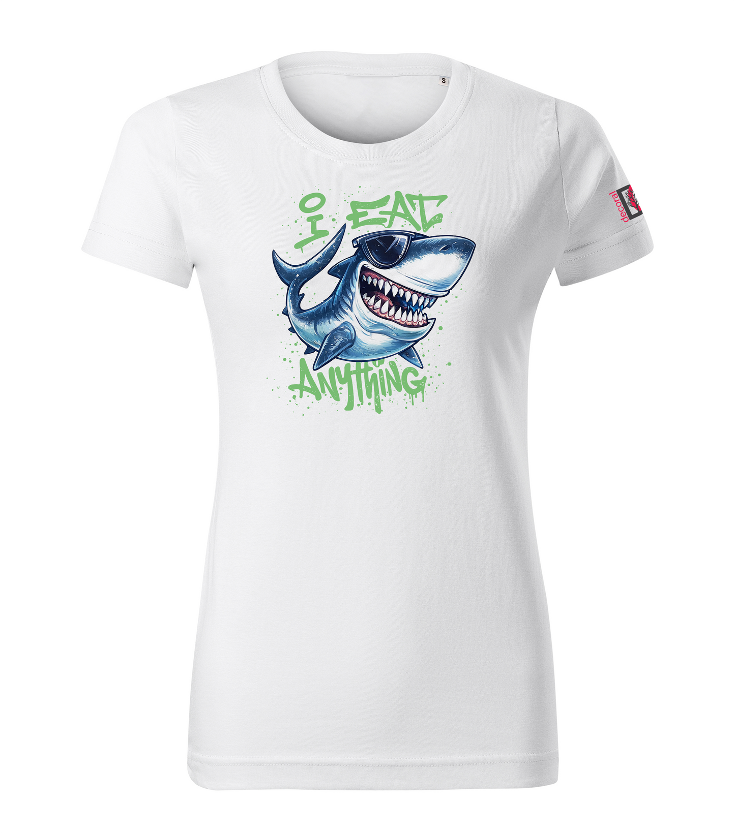 White T-shirt with cartoon shark design reading I eat anything