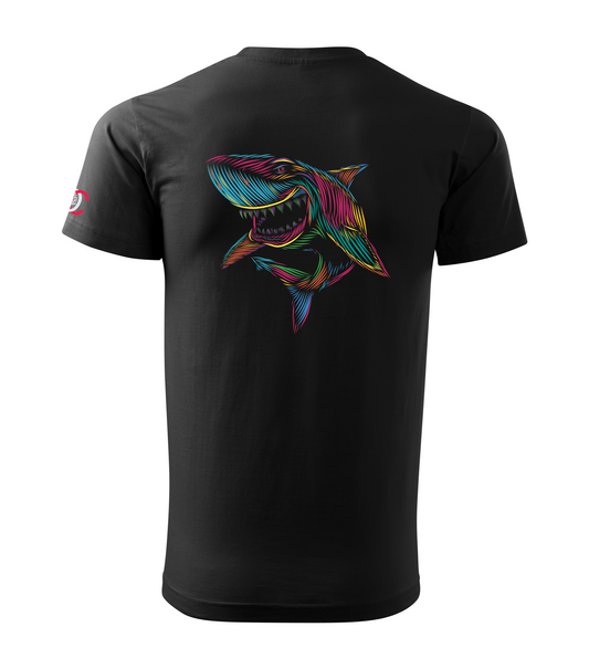 Black t-shirt with a colorful shark design