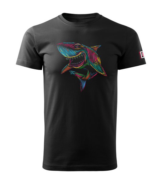 Black t-shirt with a colorful shark design