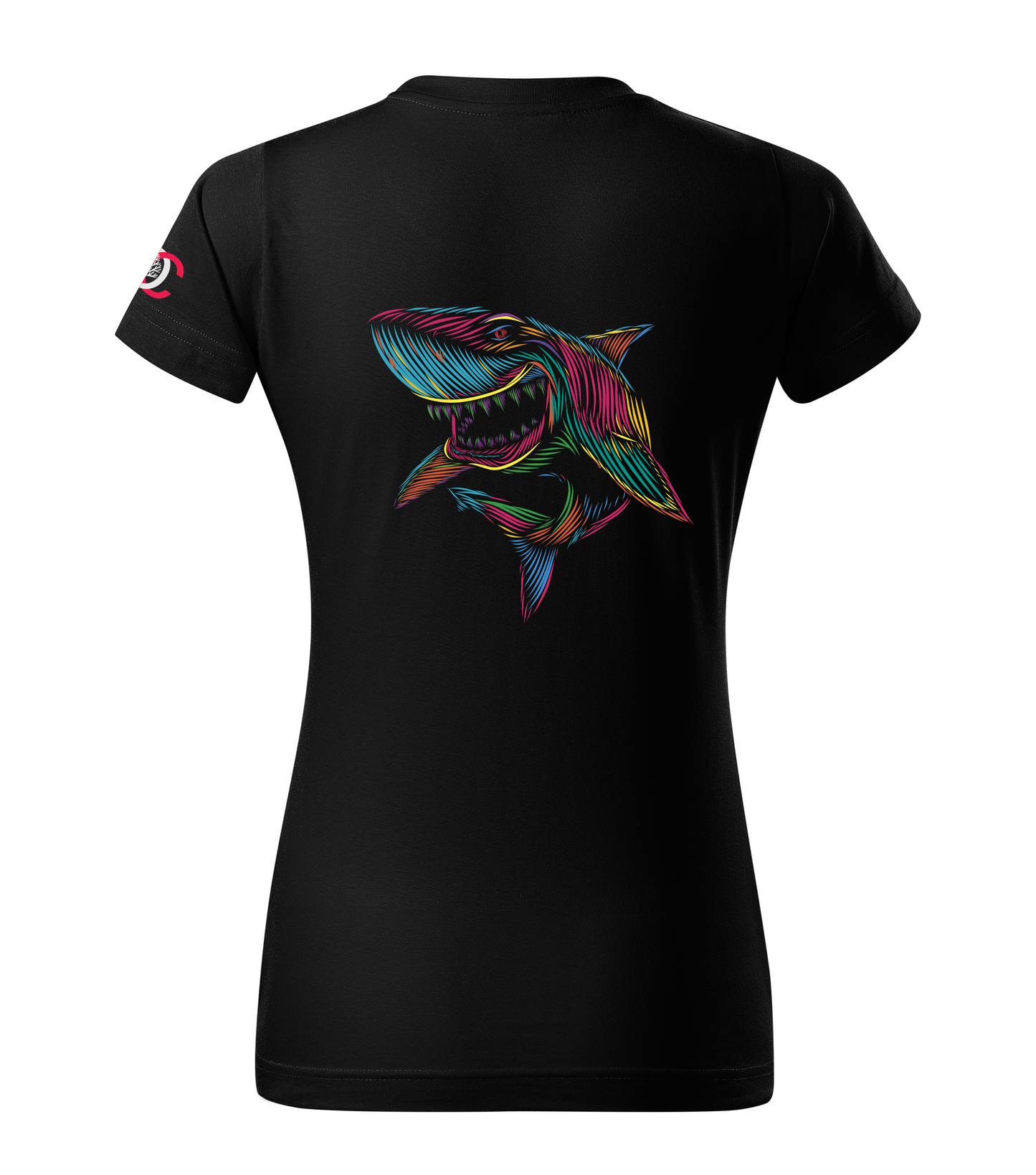 Black t-shirt with a colorful shark design