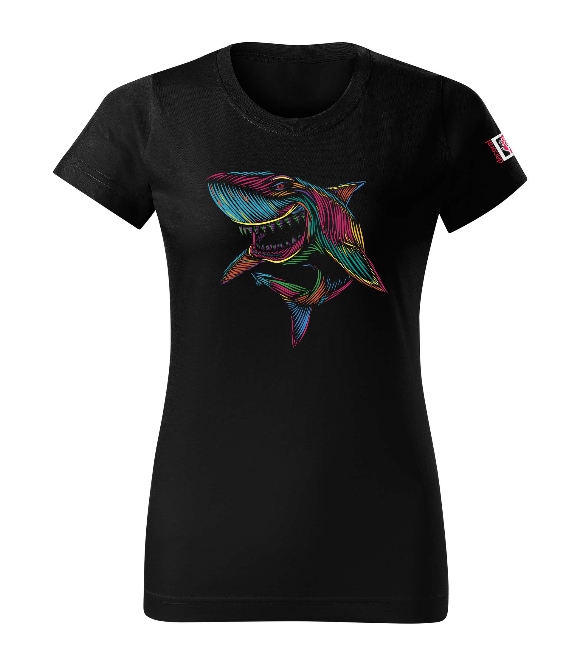 Black t-shirt with a colorful shark design