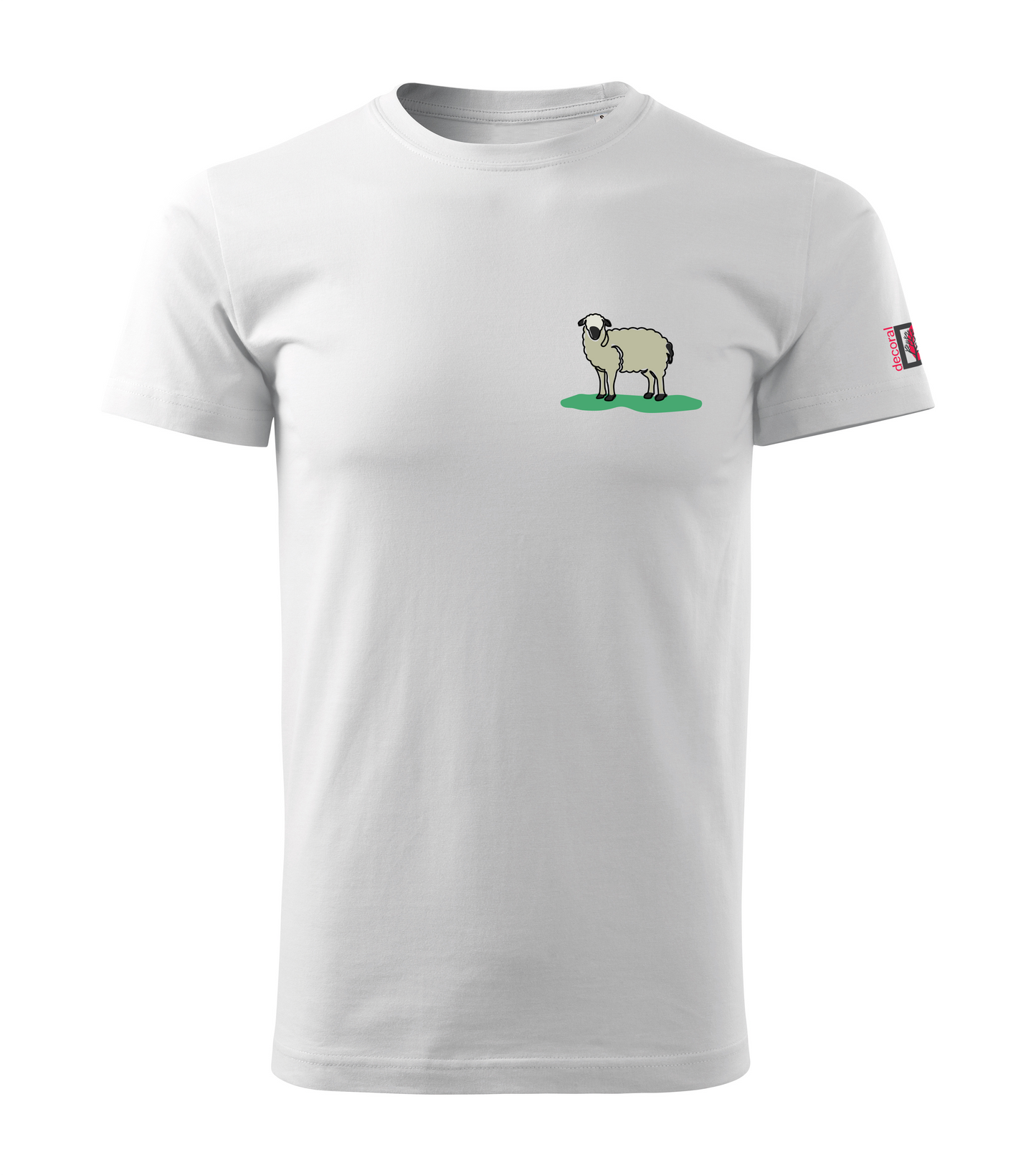 White T-shirt with colored one-line drawing of a sheep