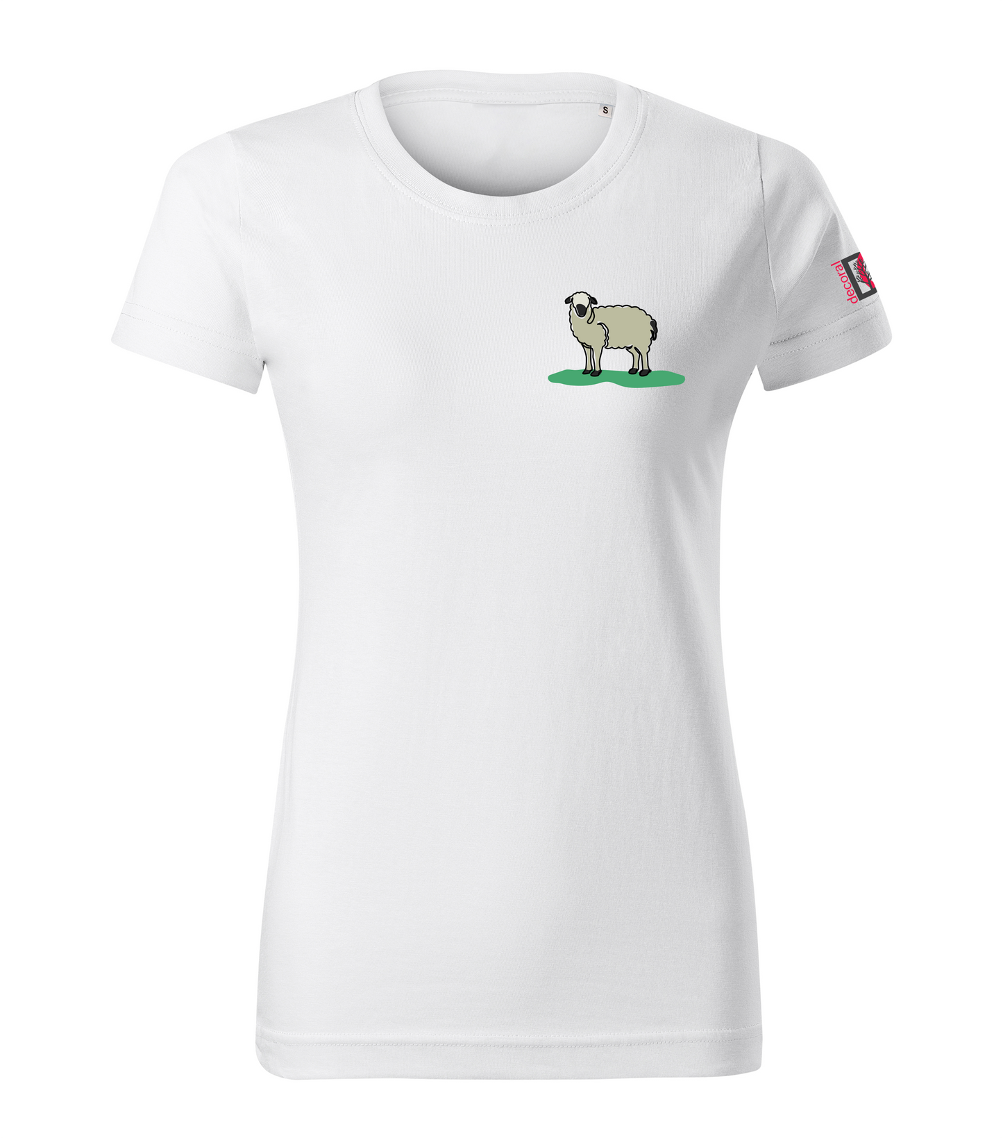 White T-shirt with colored one-line drawing of a sheep