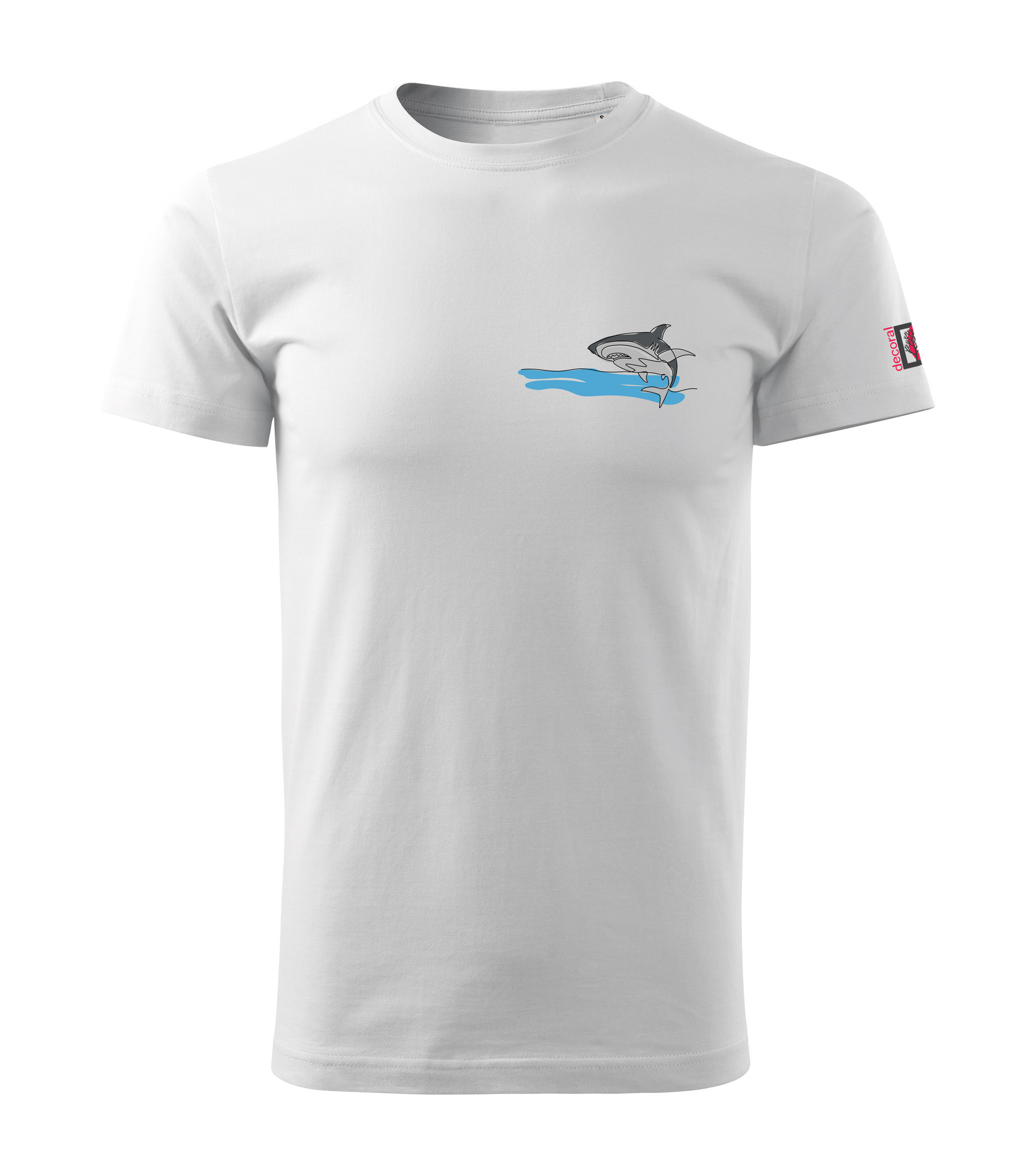 White T-shirt with colored one-line drawing of a shark