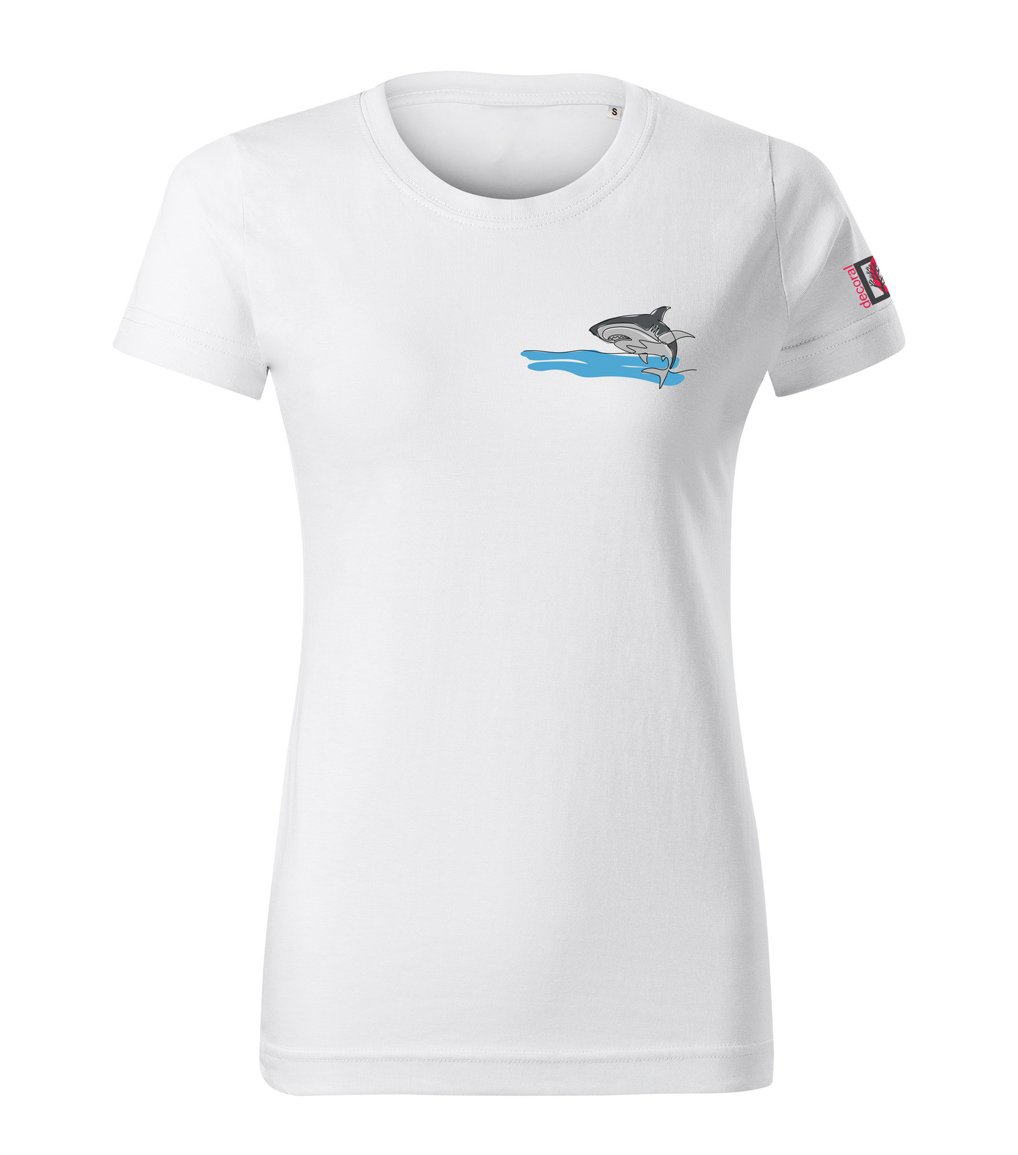 White T-shirt with colored one-line drawing of a shark
