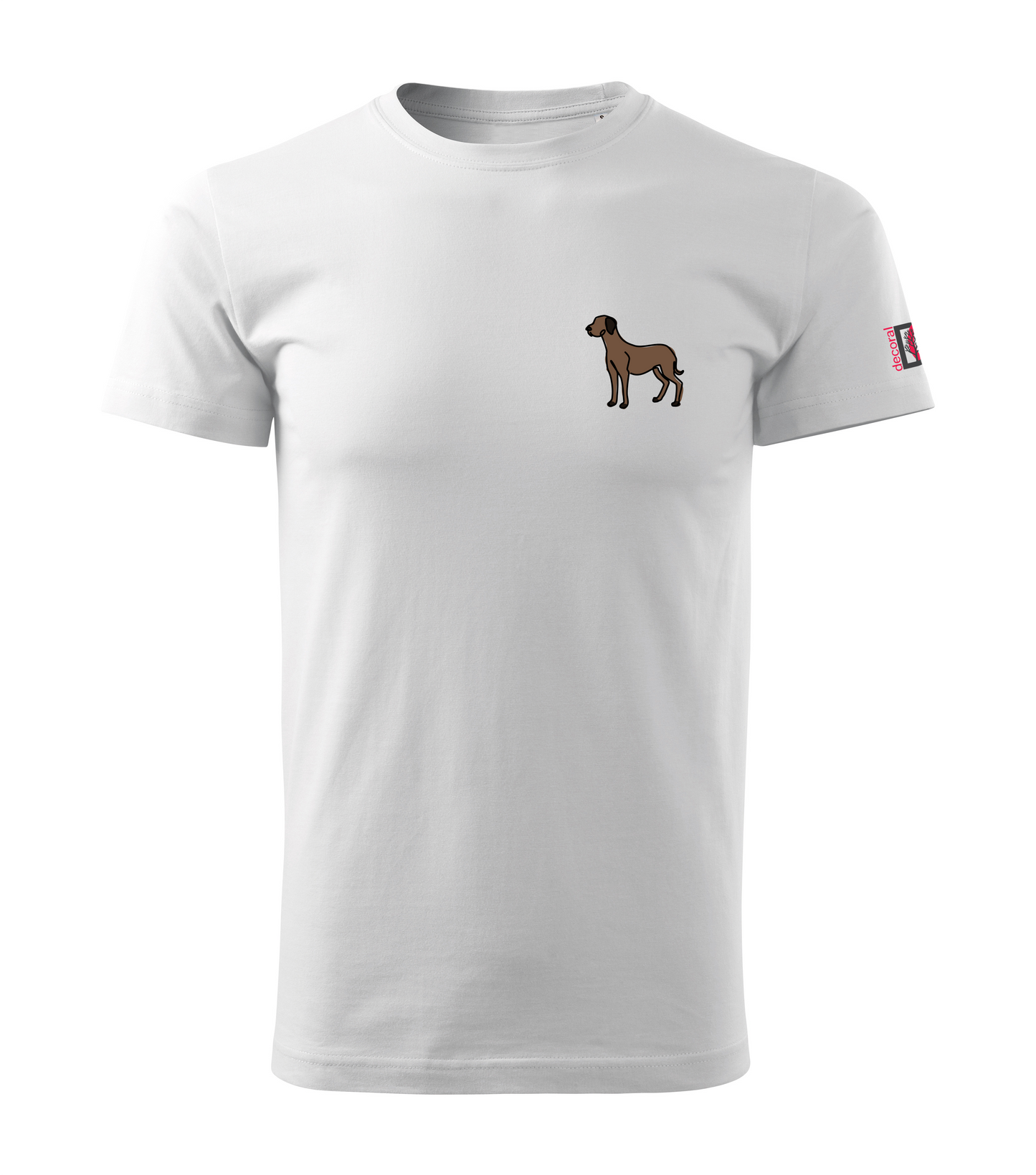 White T-shirt with colored one-line drawing of a dog