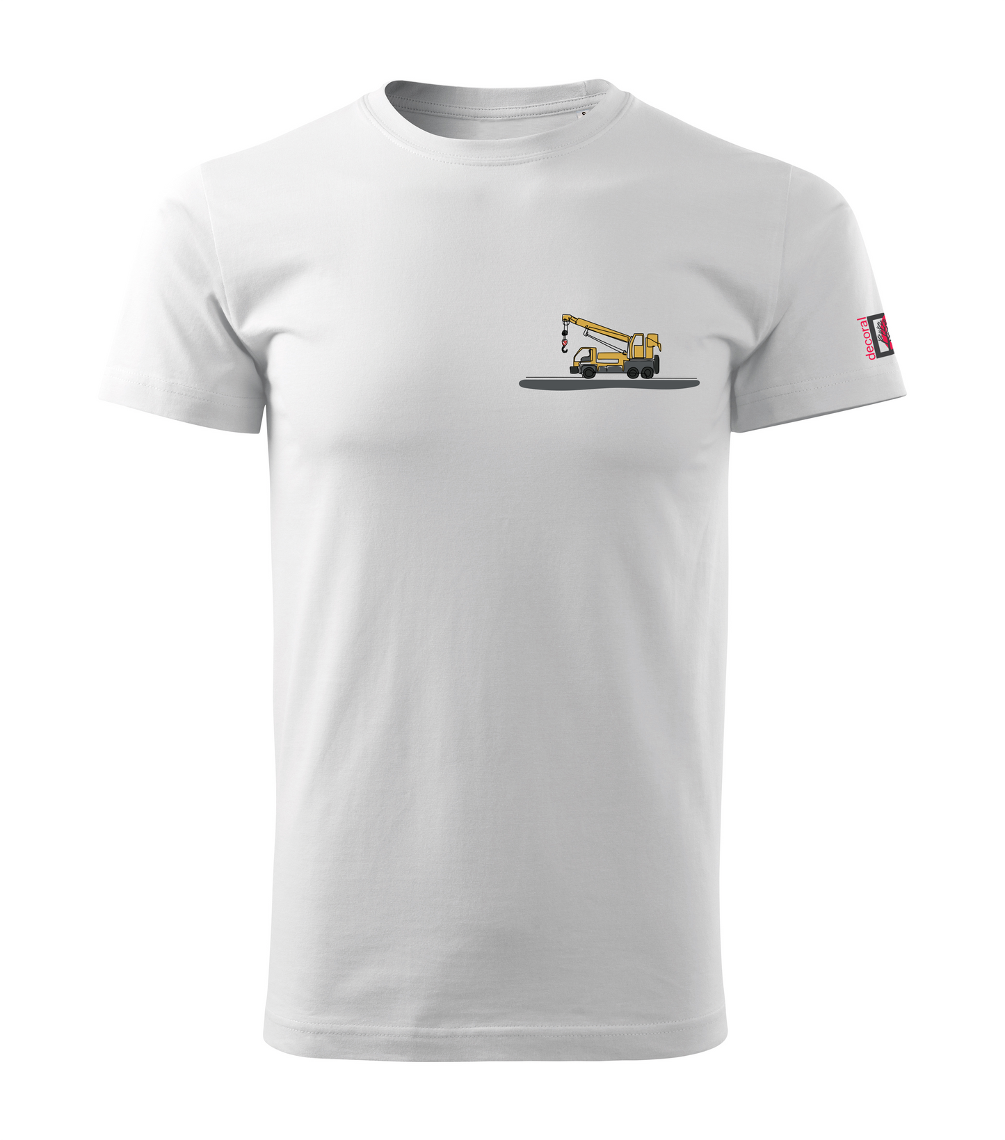 White T-shirt with colored one-line drawing of a crane truck