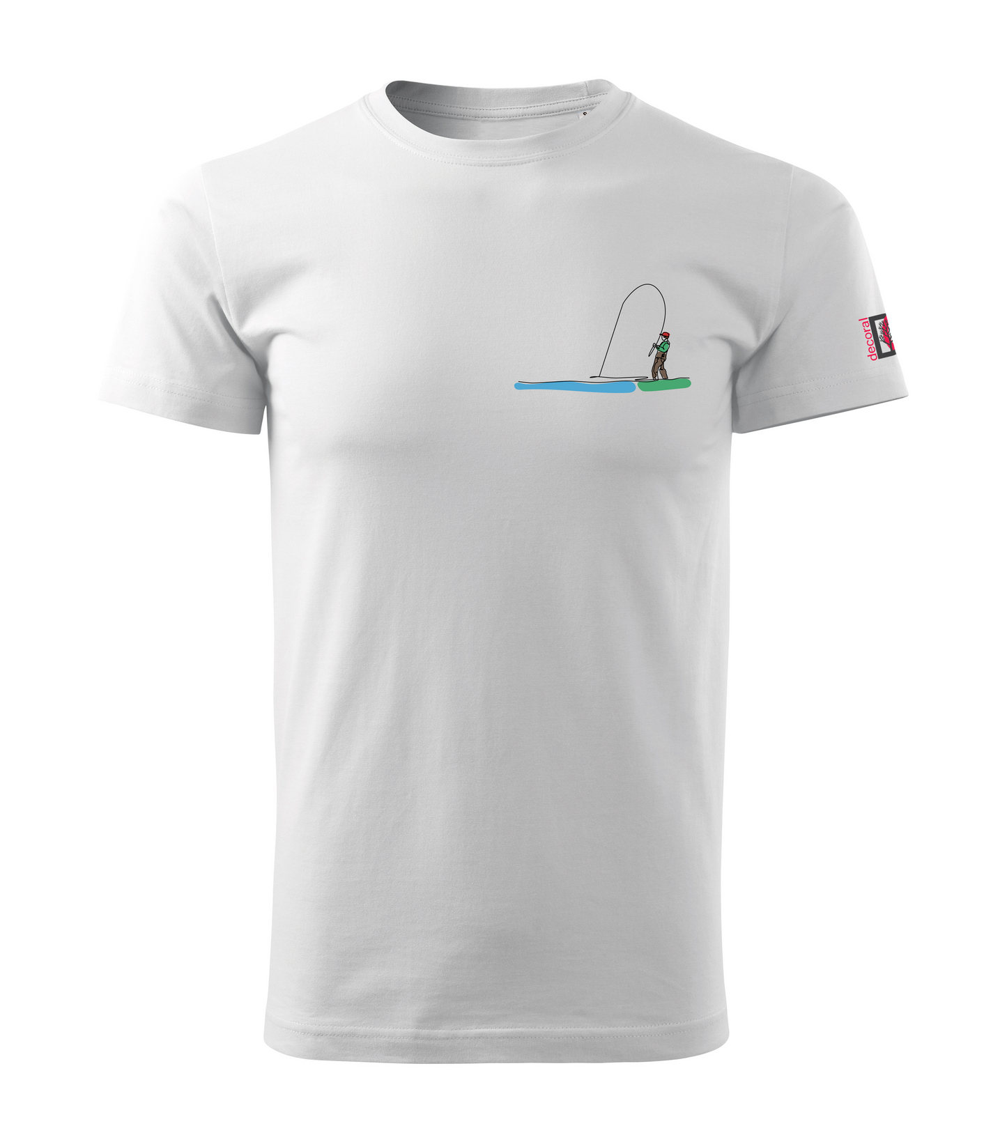 White T-shirt with colored one-line drawing of an angler