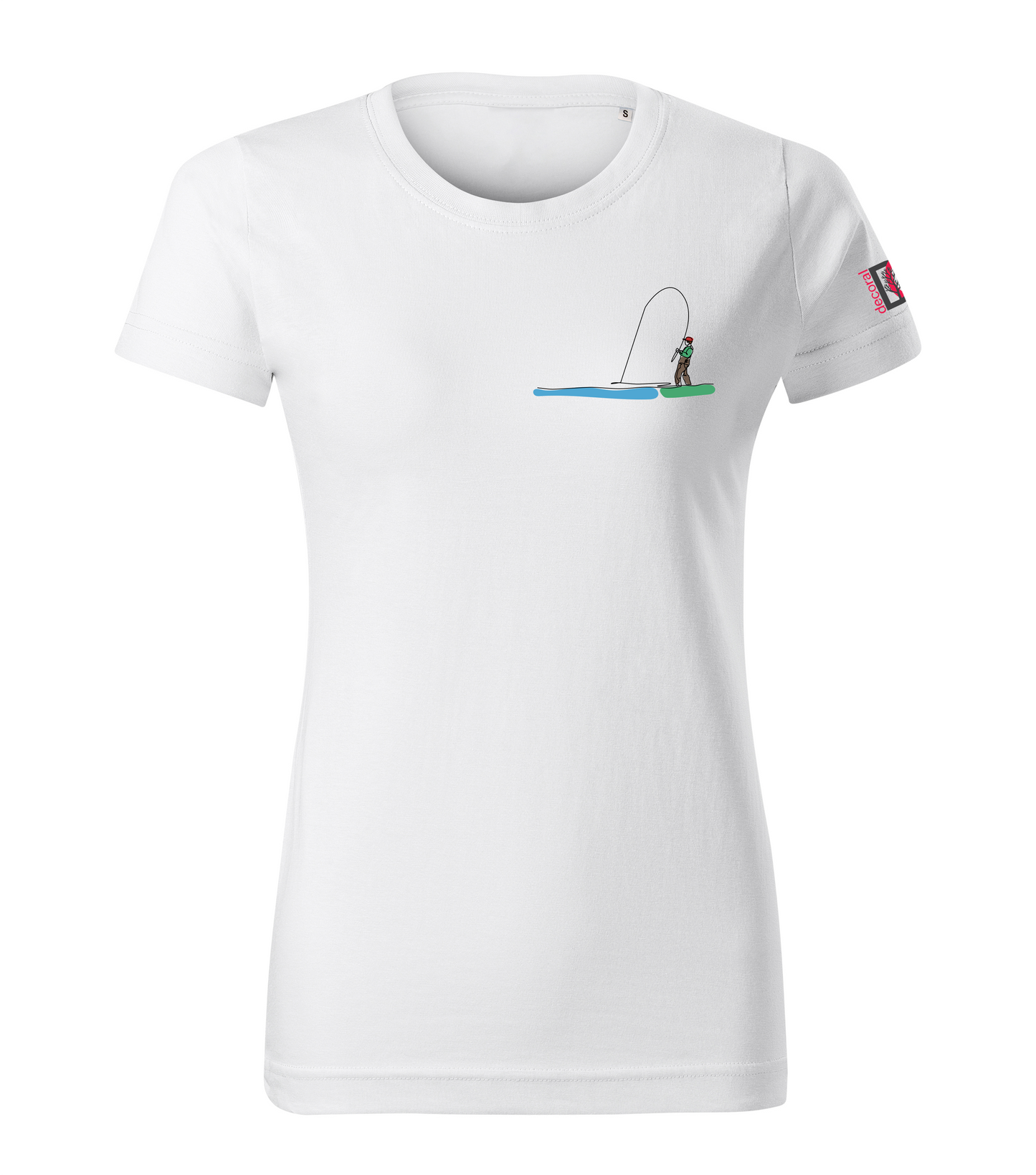 White T-shirt with colored one-line drawing of an angler